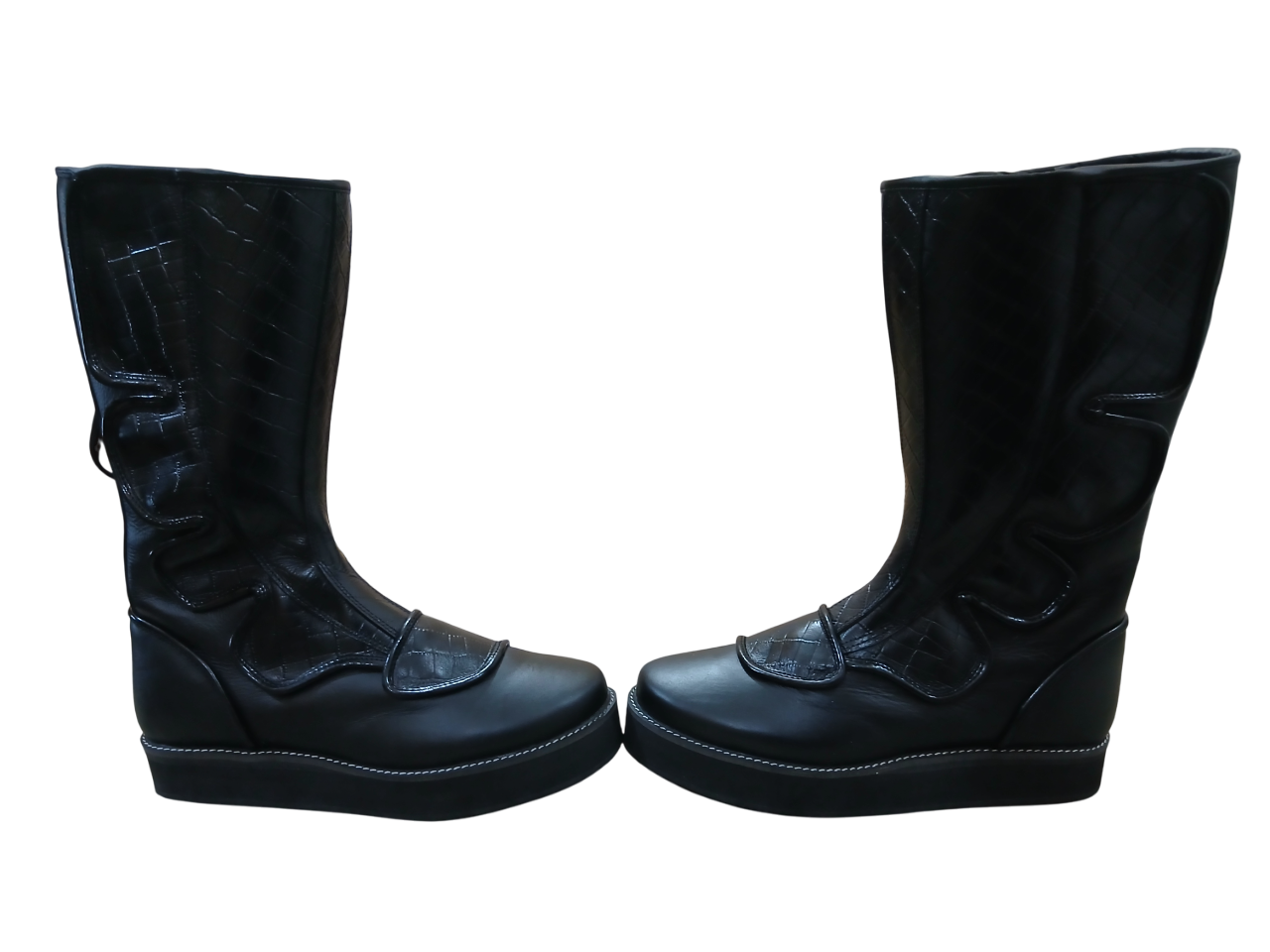 Handmade Leather Wrestling Boots: Black Textured, Laces, Hook and Loop