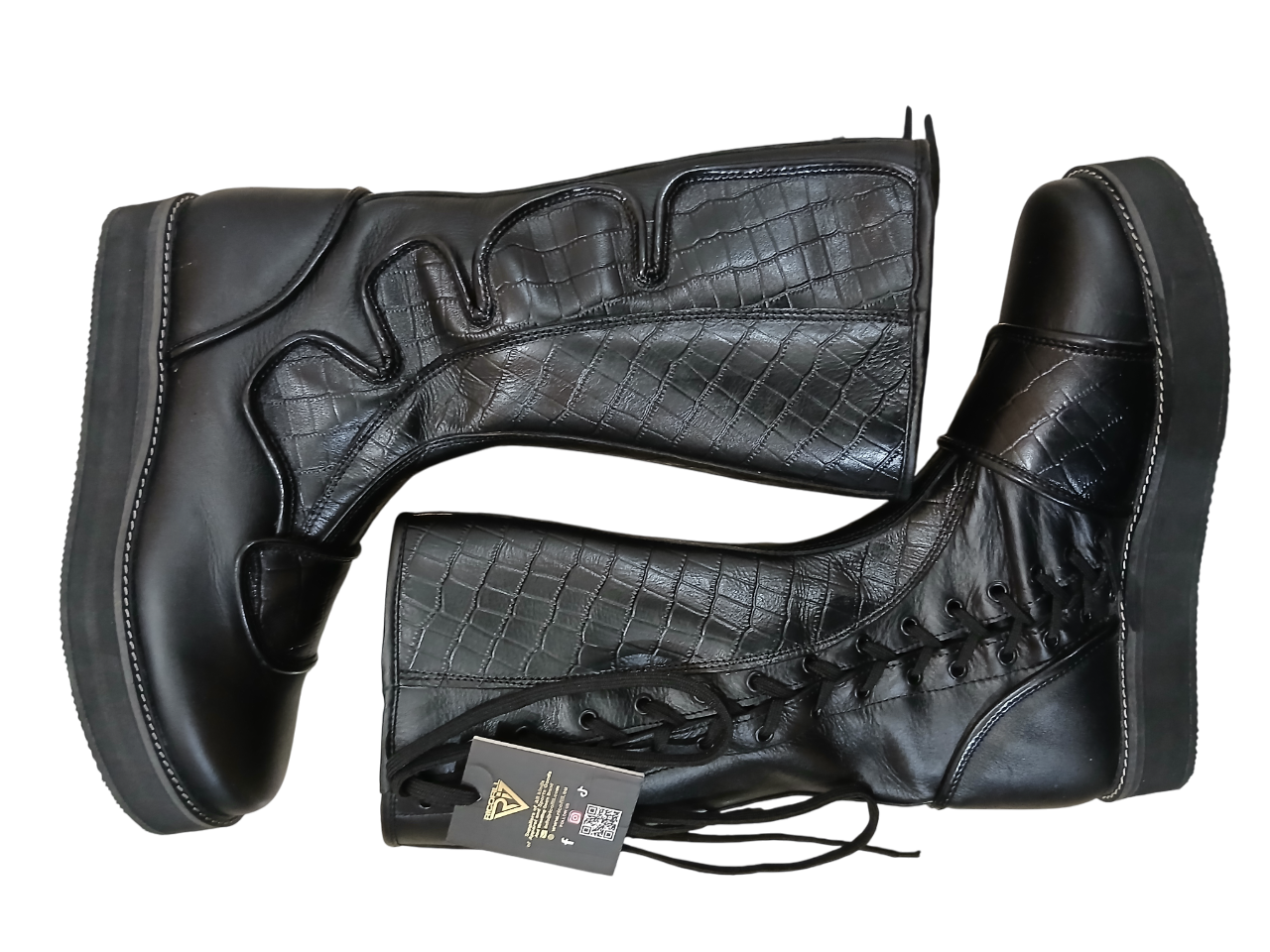 Handmade Leather Wrestling Boots: Black Textured, Laces, Hook and Loop
