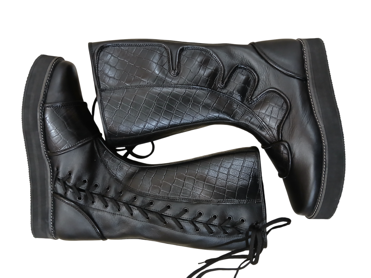 Handmade Leather Wrestling Boots: Black Textured, Laces, Hook and Loop