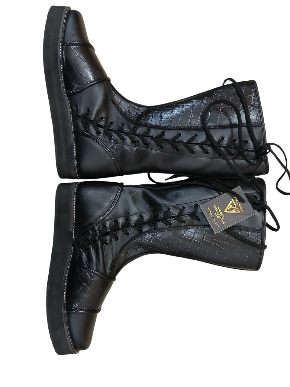 Handmade Leather Wrestling Boots: Black Textured, Laces, Hook and Loop