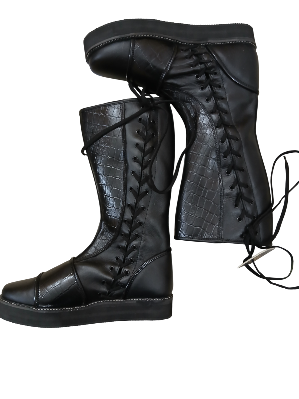 Handmade Leather Wrestling Boots: Black Textured, Laces, Hook and Loop