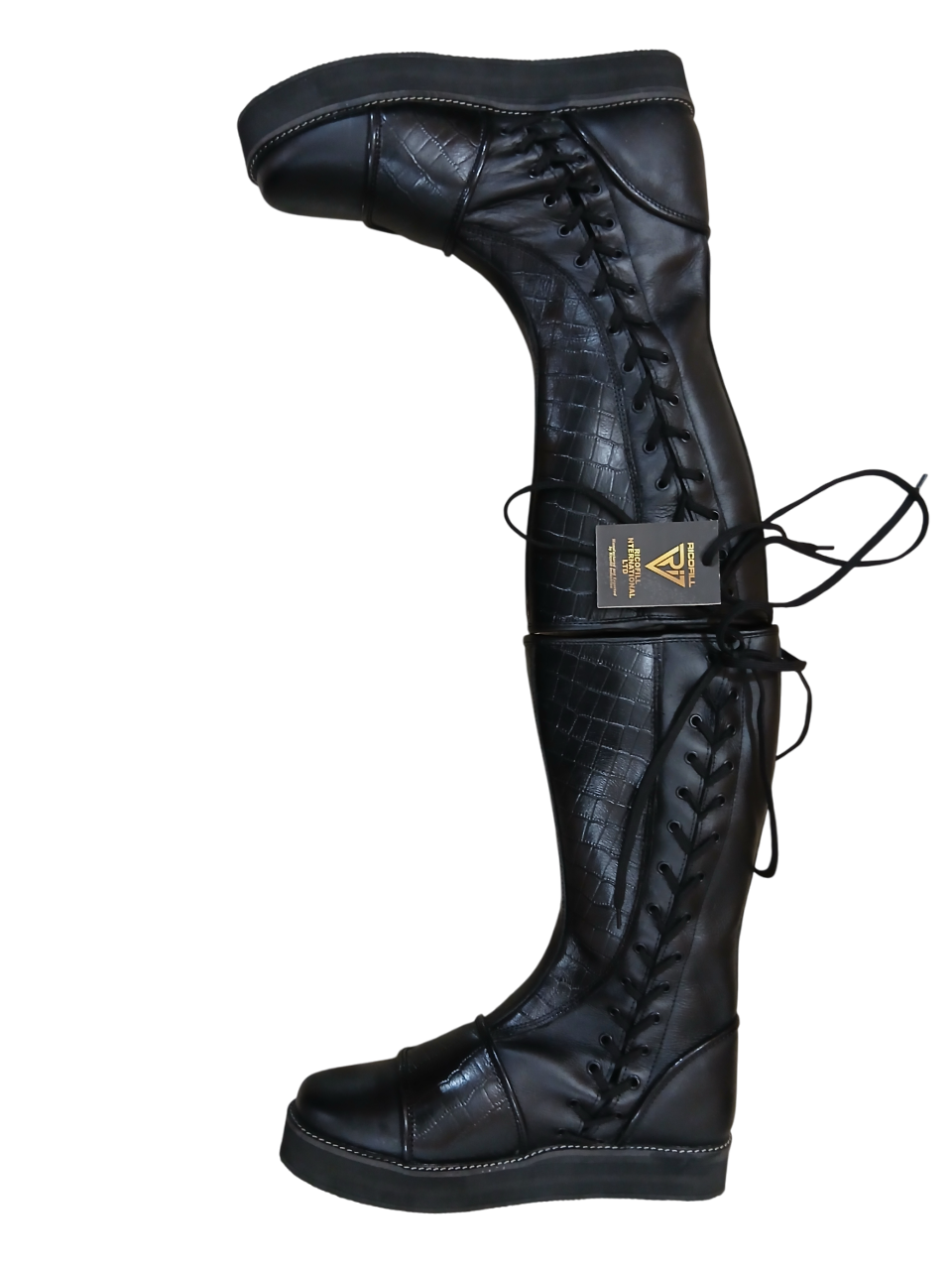Handmade Leather Wrestling Boots: Black Textured, Laces, Hook and Loop