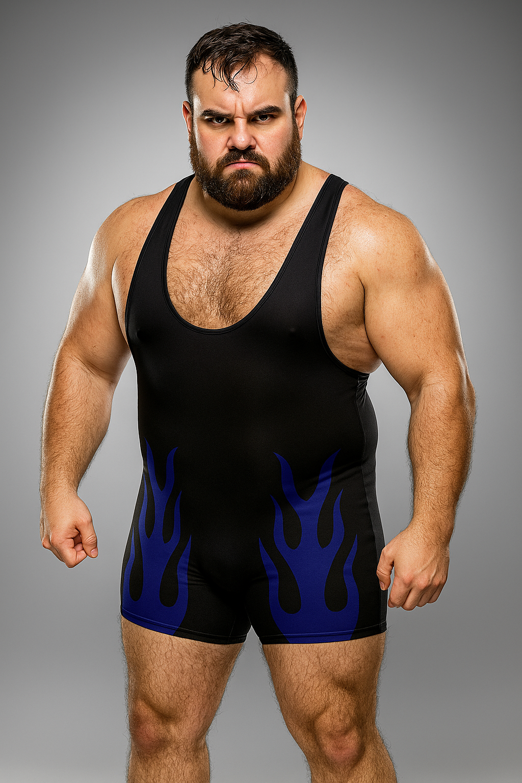 Wrestling Singlet, Stretchable, Black with Blue fire, Customized Colors
