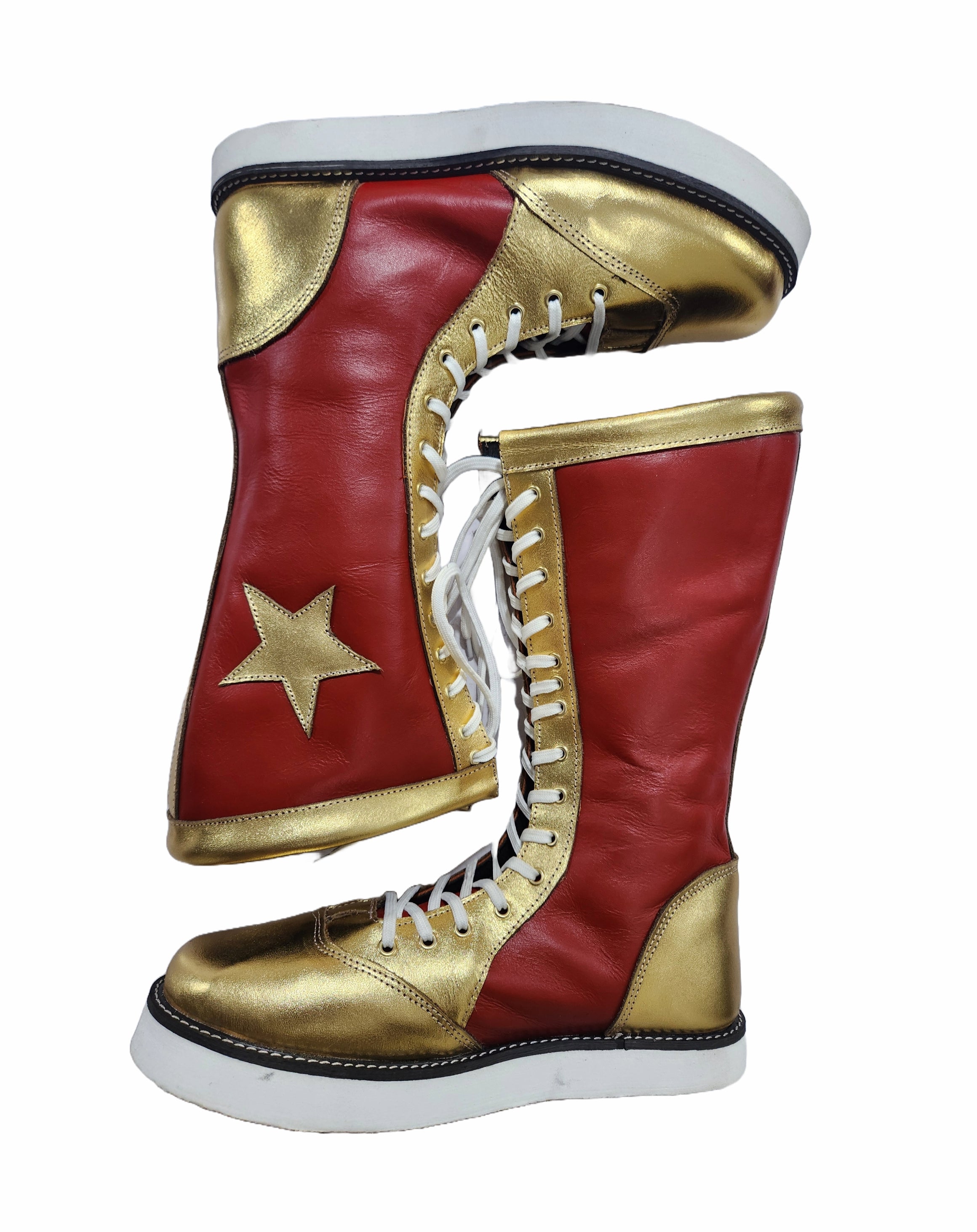 Stoeister-stewels, handgemaak, 100% suiwer leer, maroen en goudkleurig