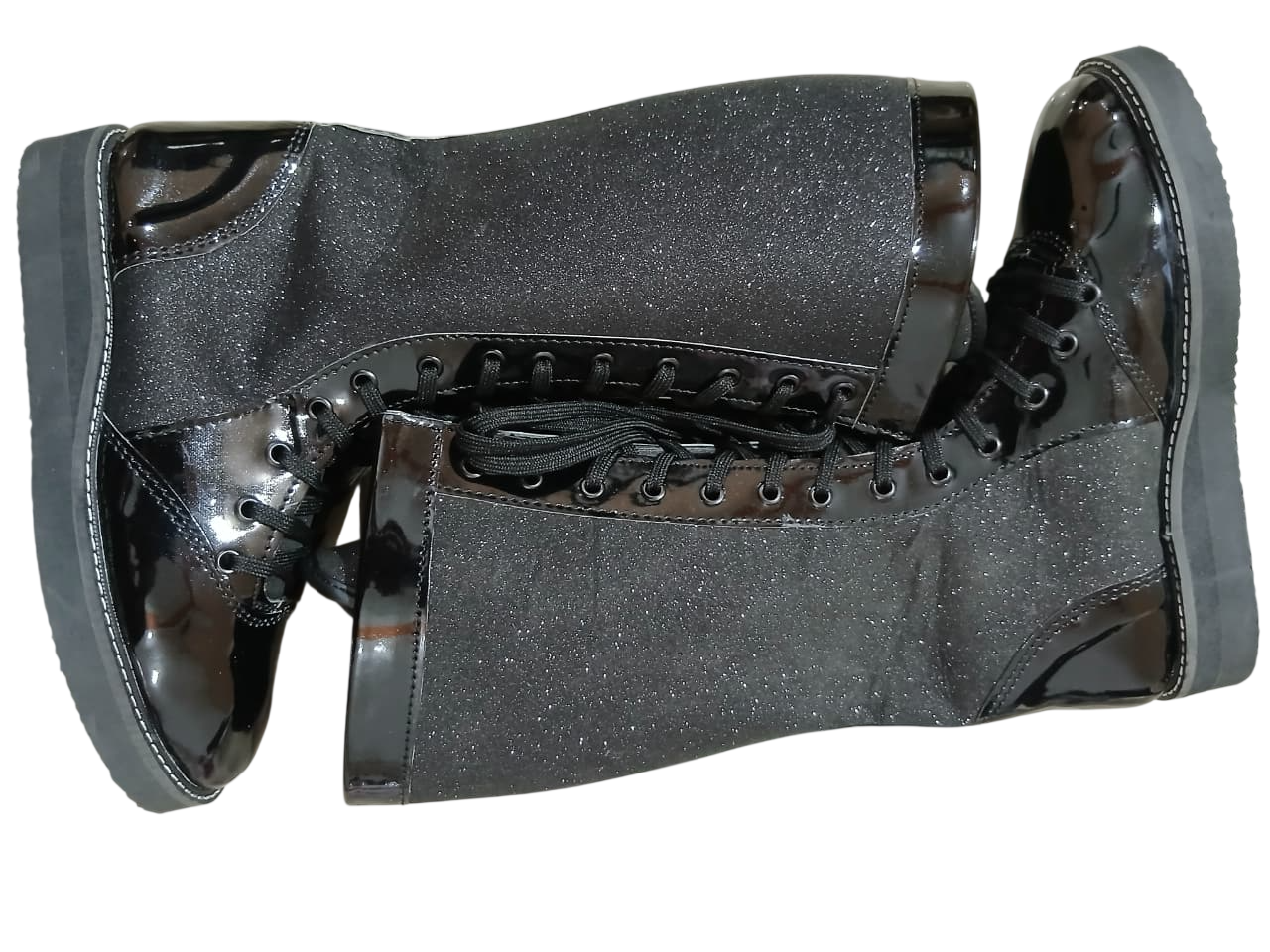 Wrestling Boots, Handmade, 100% Original Leather, Black Patent and Black Glitter Color