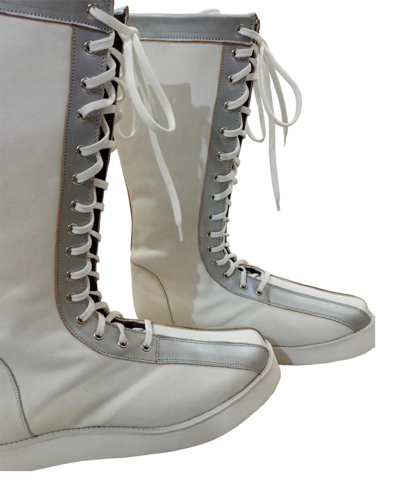 Pro Wrestling Boots, Handmade , 100% original Leather, White Color with Silver  Tips, Lace-up style