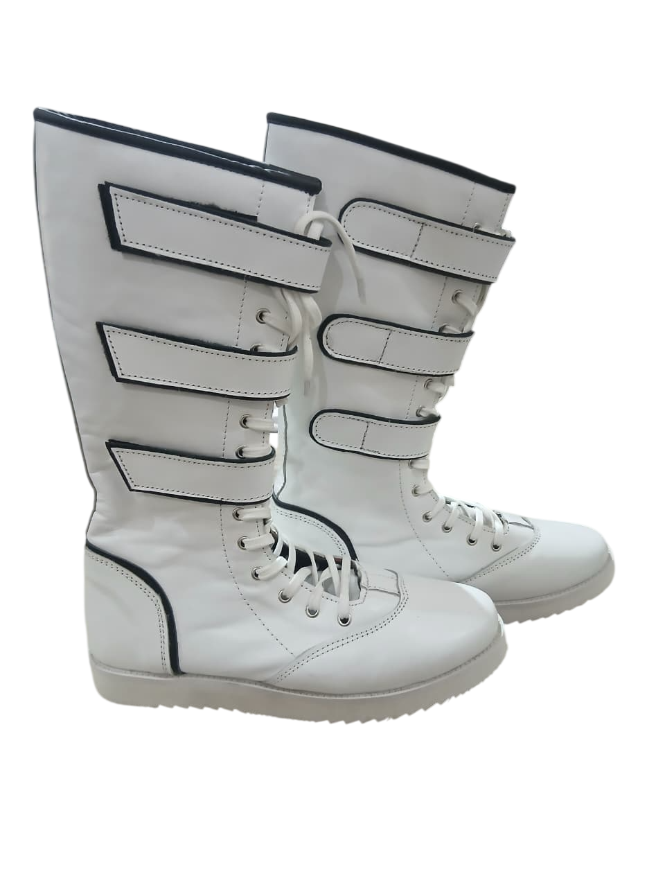 Pro Wrestling White Boots with straps, Handmade, 100% Original Leather