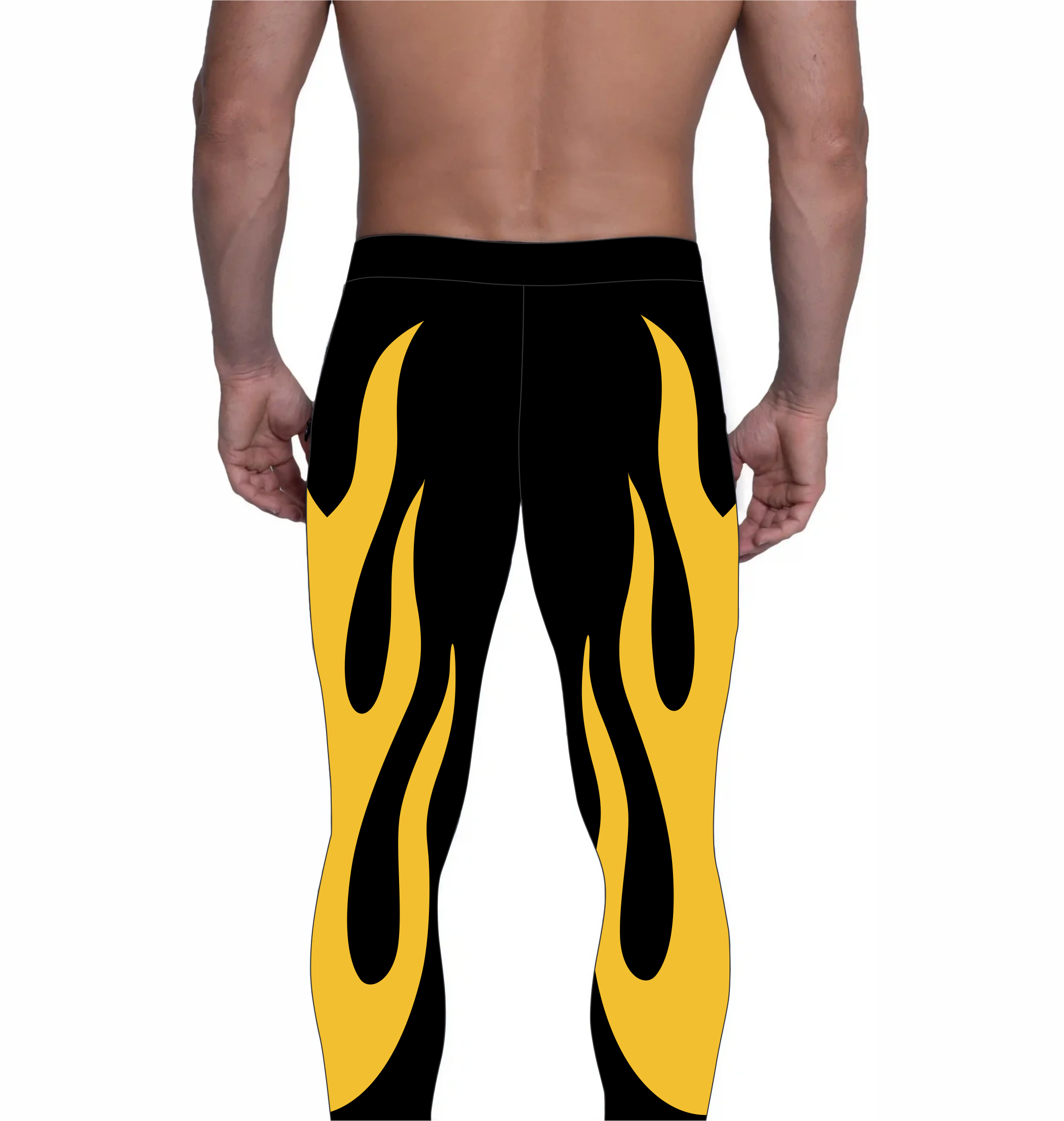 Wrestling Tights Black, Yellow Fire Style, Stretchable and Customized Colors