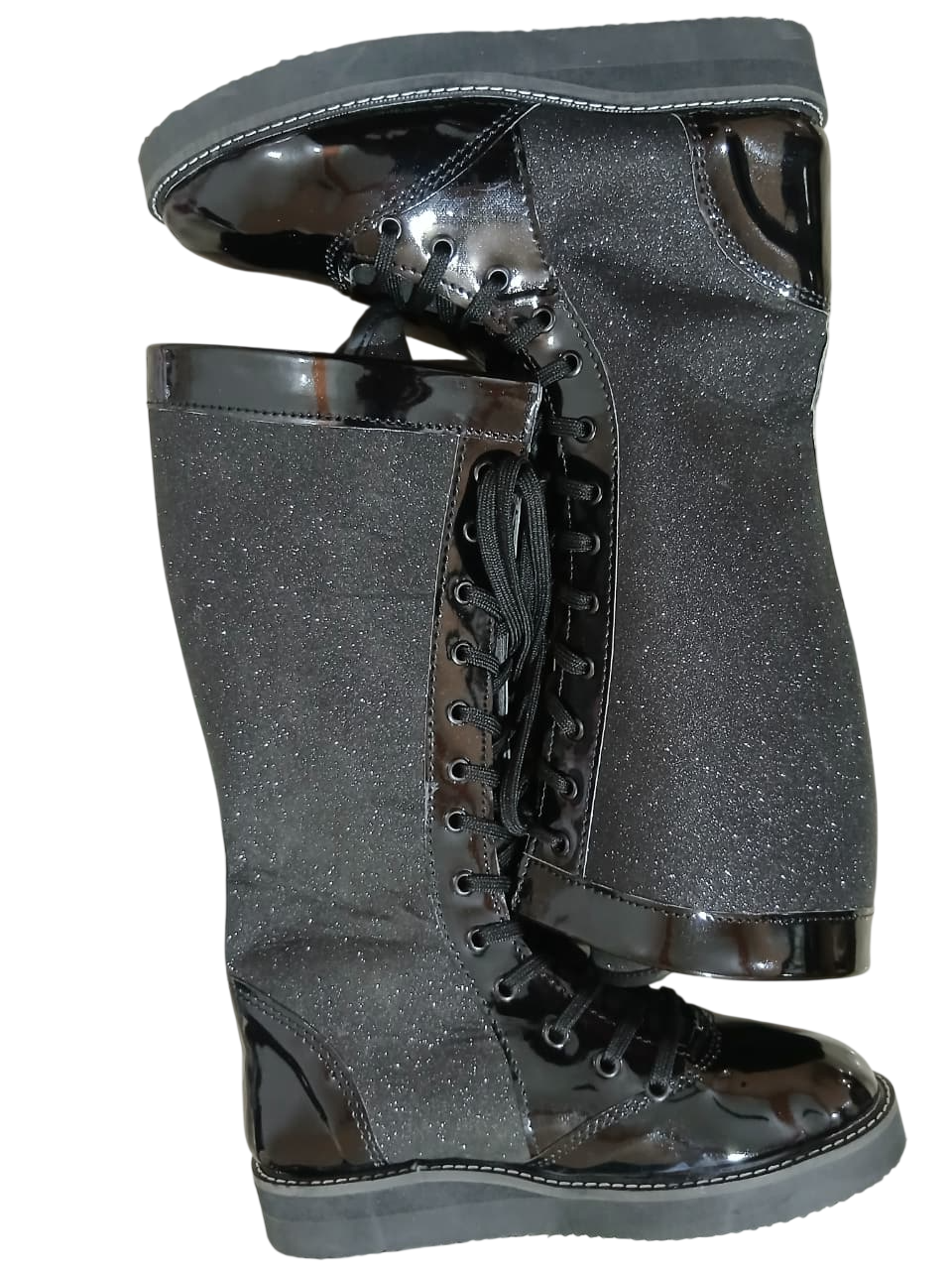 Wrestling Boots, Handmade, 100% Original Leather, Black Patent and Black Glitter Color