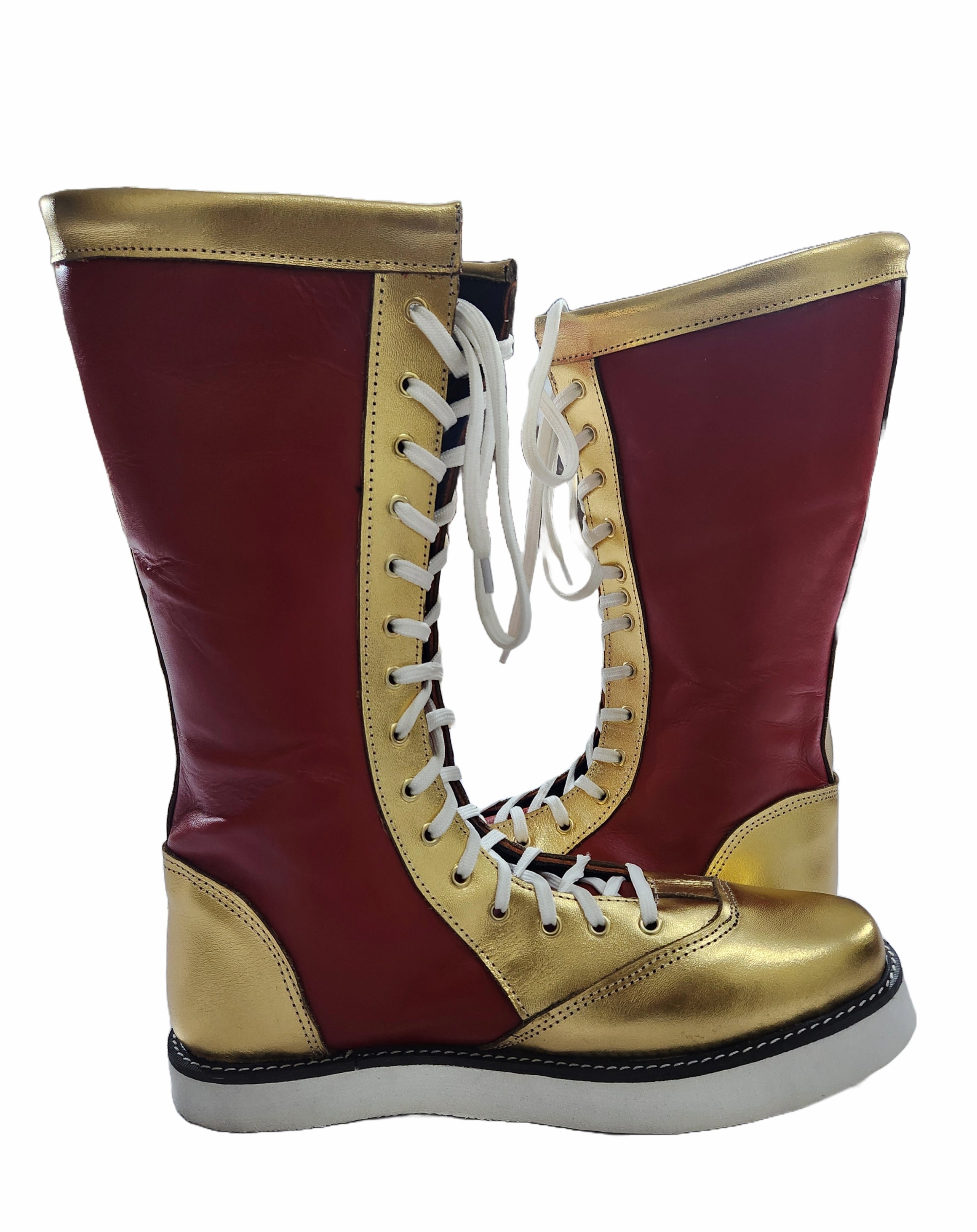 Stoeister-stewels, handgemaak, 100% suiwer leer, maroen en goudkleurig