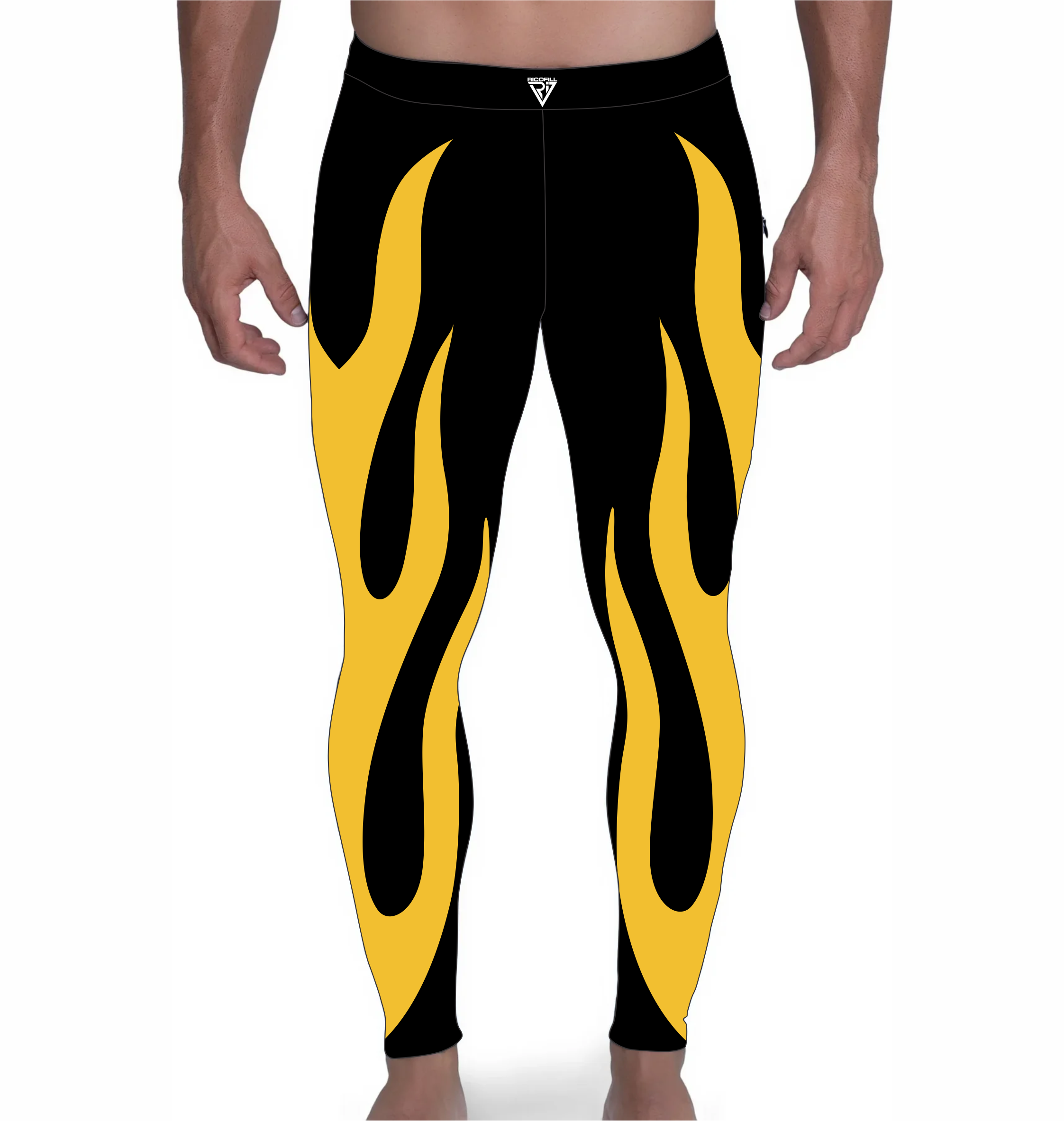 Wrestling Tights Black, Yellow Fire Style, Stretchable and Customized Colors