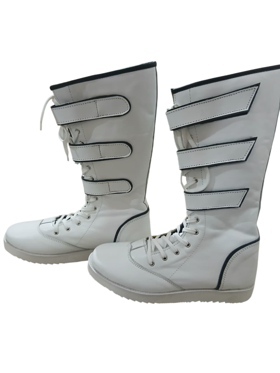 Pro Wrestling White Boots with straps, Handmade, 100% Original Leather