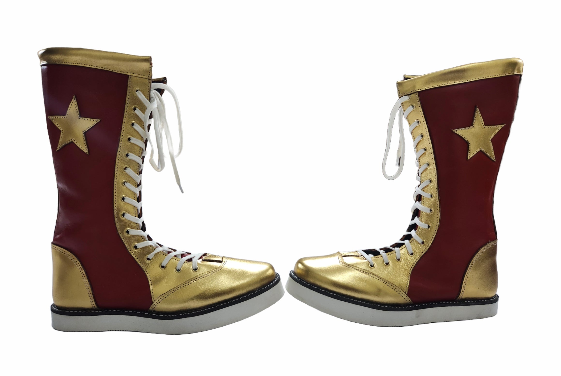 Stoeister-stewels, handgemaak, 100% suiwer leer, maroen en goudkleurig