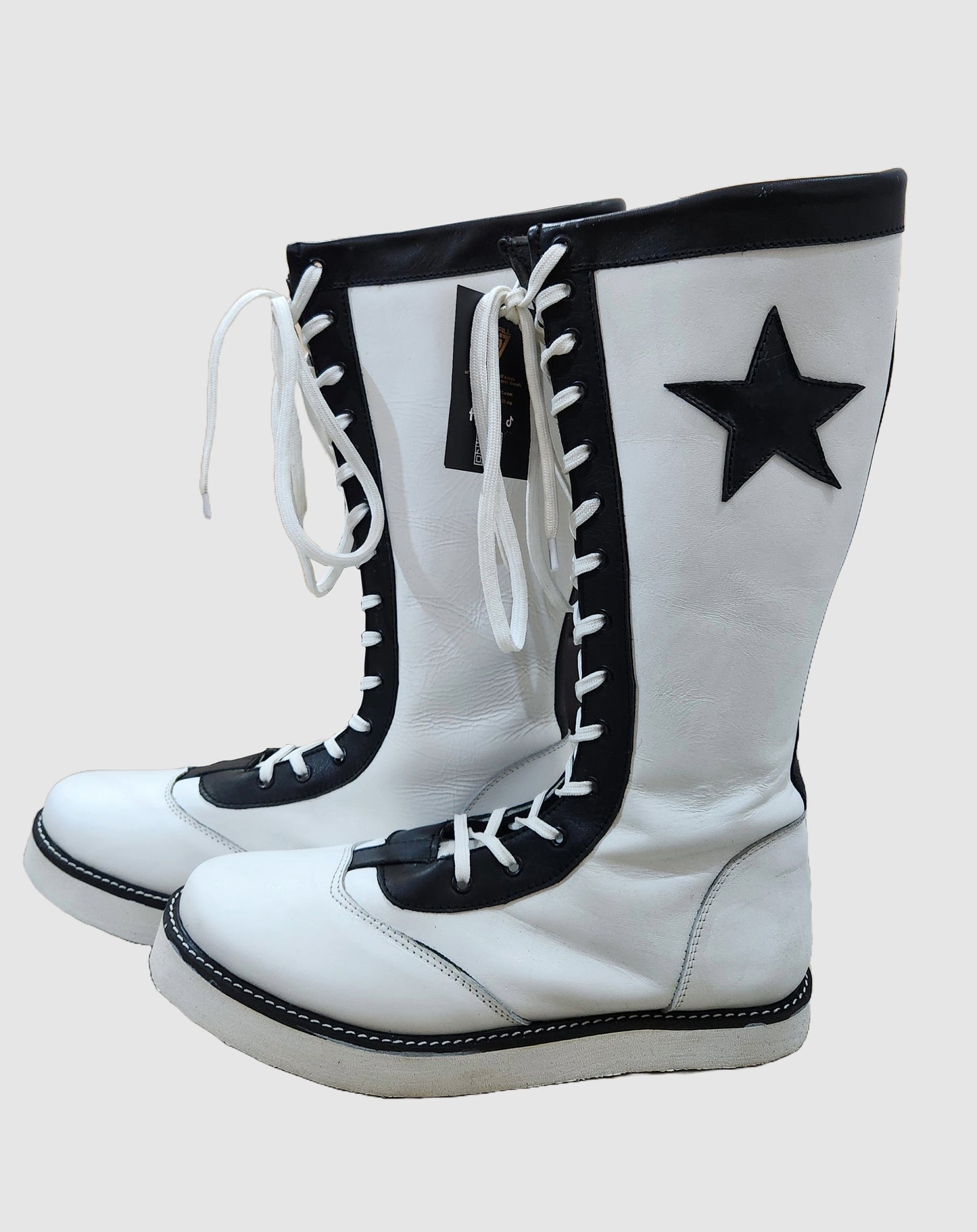 Pro Wrestling Star Boots, Handmade, 100% Original Leather, Lace-Up Style in White & Black