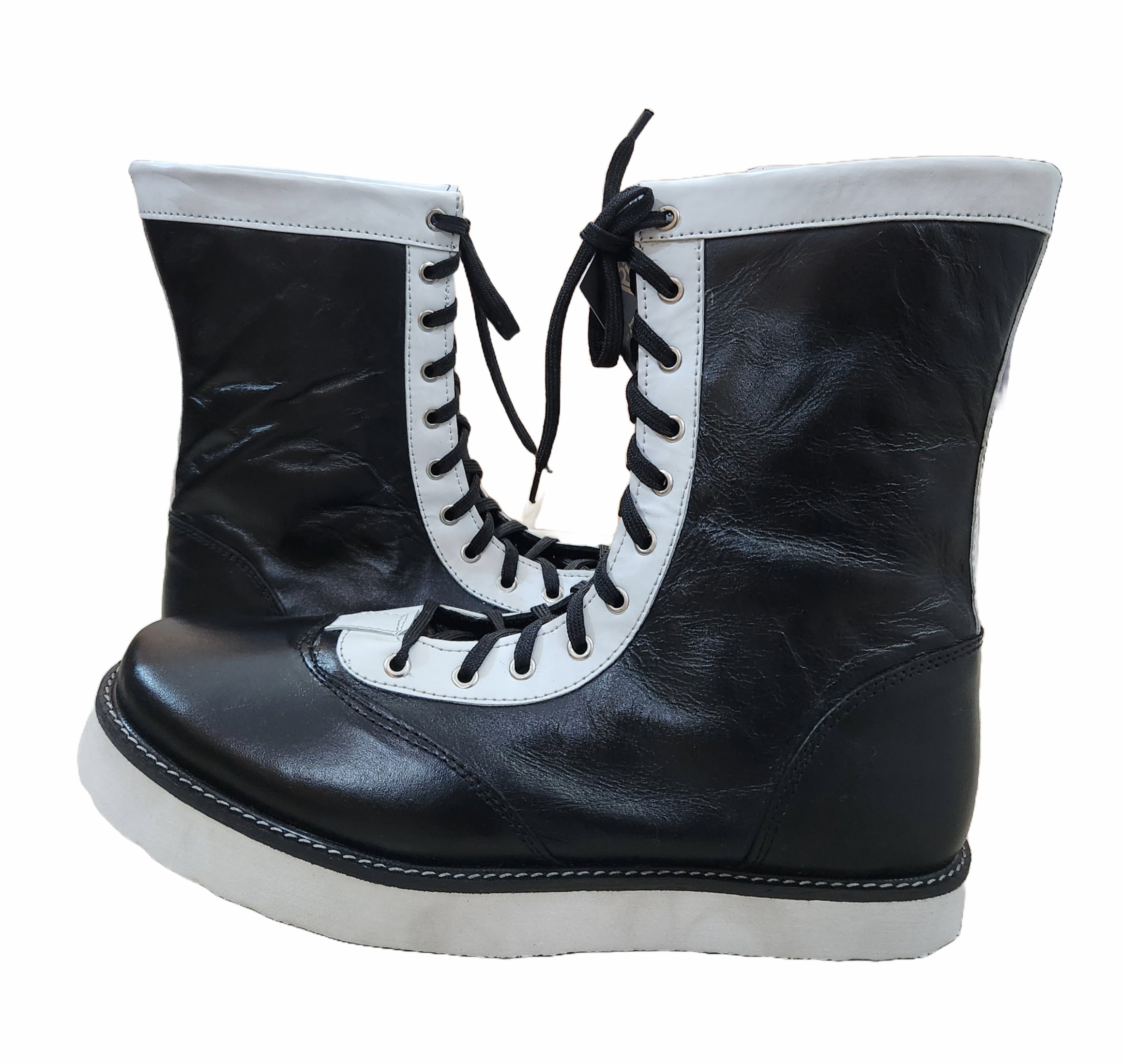 Pro Wrestling Boots, Low Cut, 100% Original leather, Handmade,  Black with white trim
