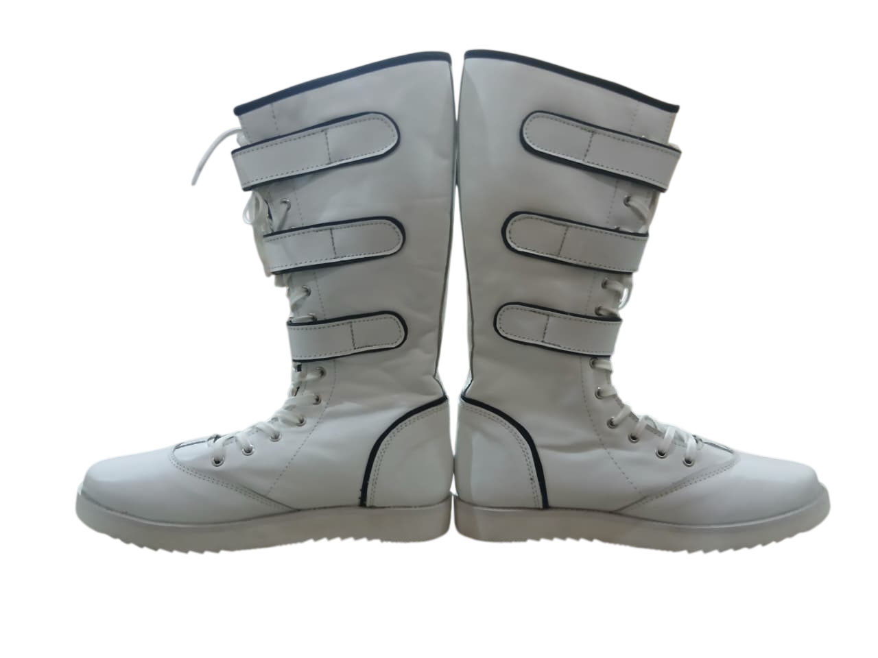 Pro Wrestling White Boots with straps, Handmade, 100% Original Leather