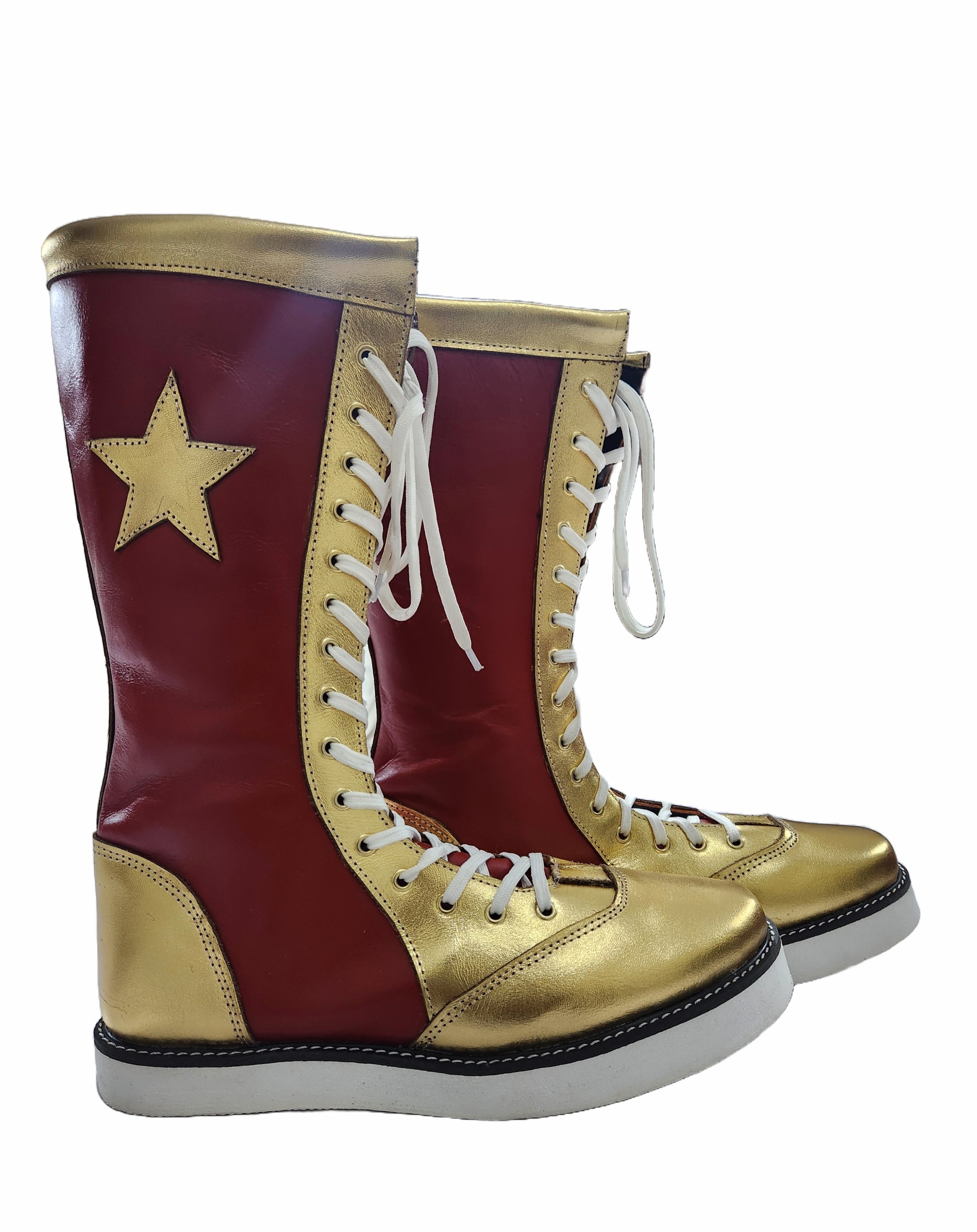 Stoeister-stewels, handgemaak, 100% suiwer leer, maroen en goudkleurig