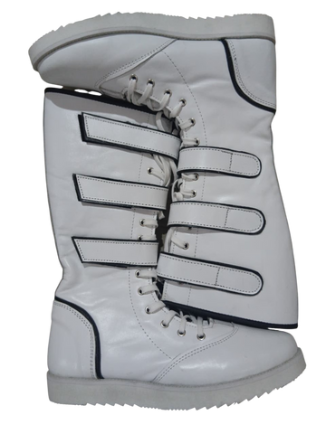 Pro Wrestling White Boots with straps, Handmade, 100% Original Leather