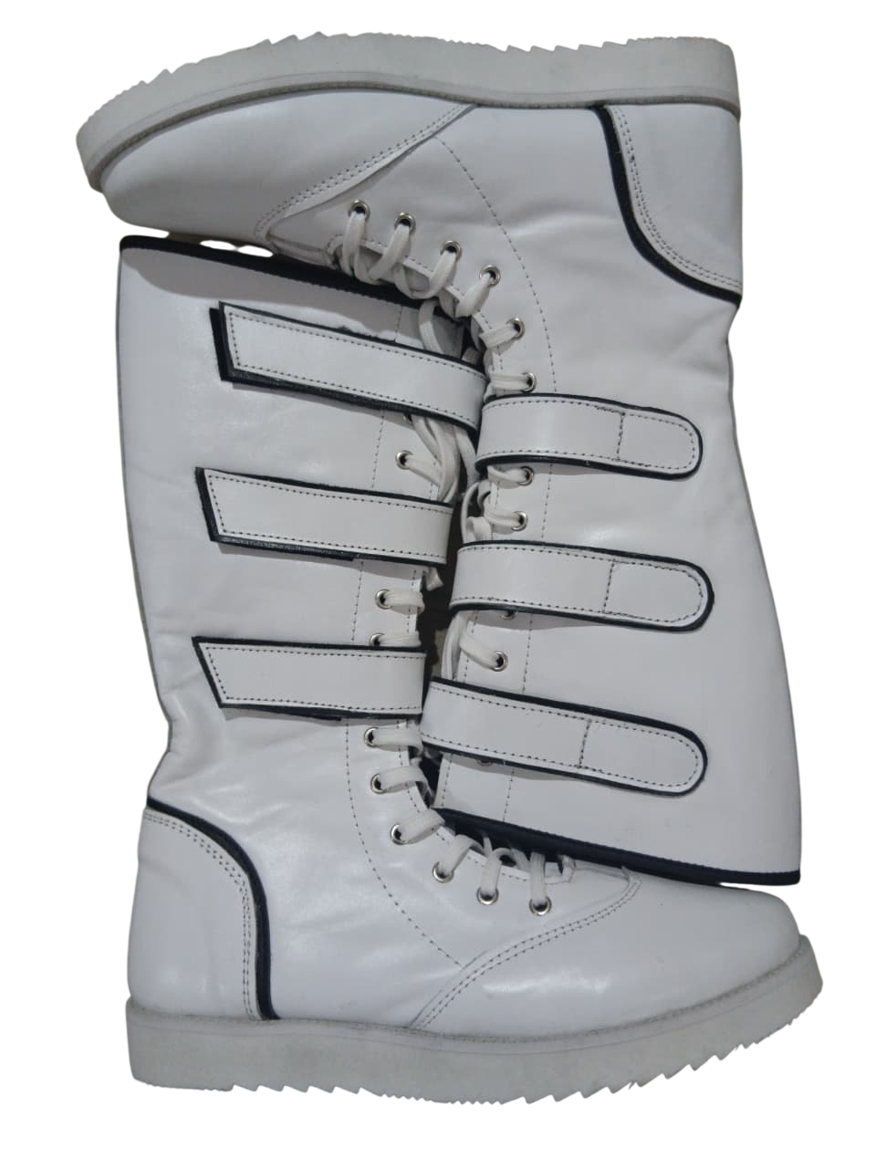 Pro Wrestling White Boots with straps, Handmade, 100% Original Leather