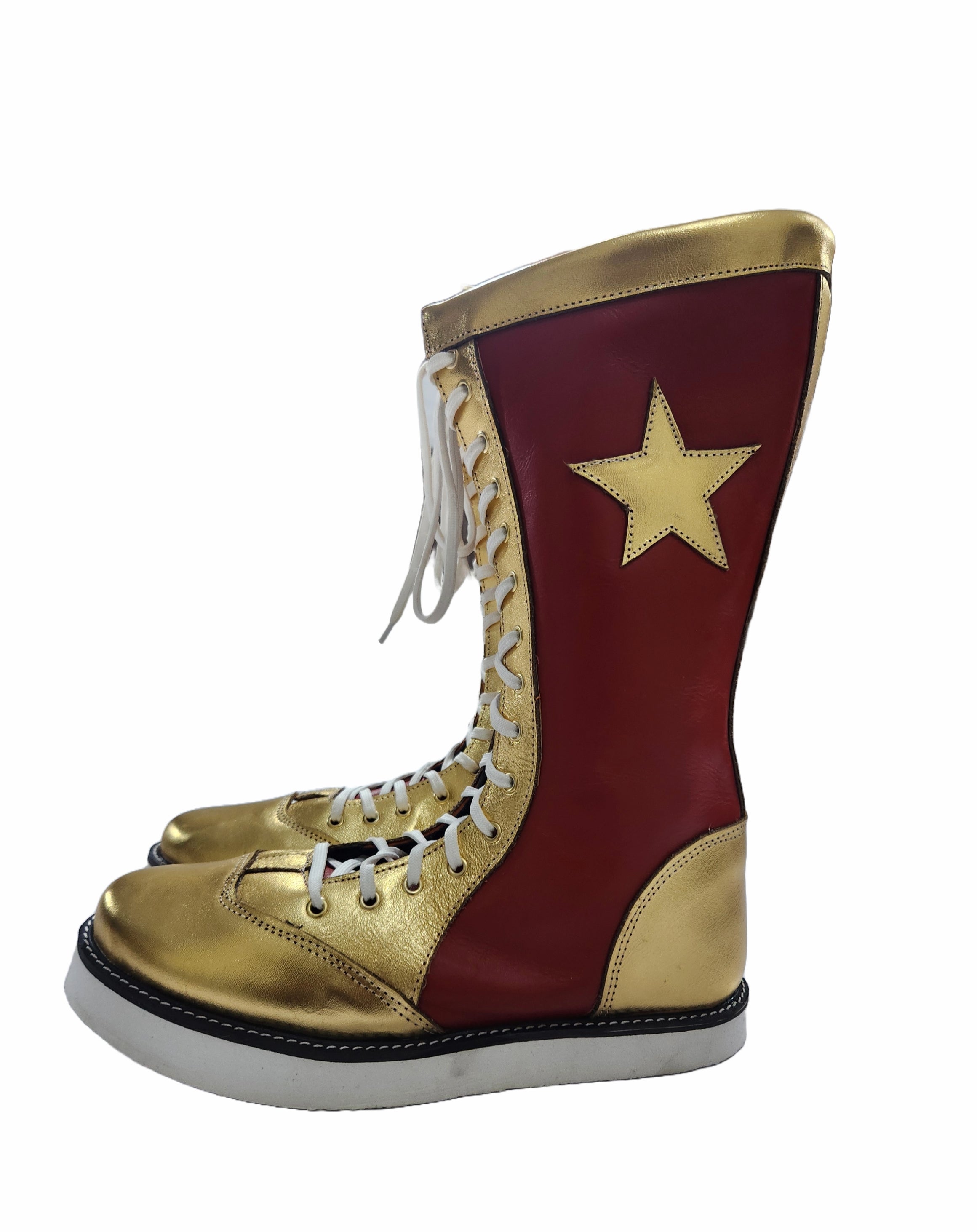 Stoeister-stewels, handgemaak, 100% suiwer leer, maroen en goudkleurig