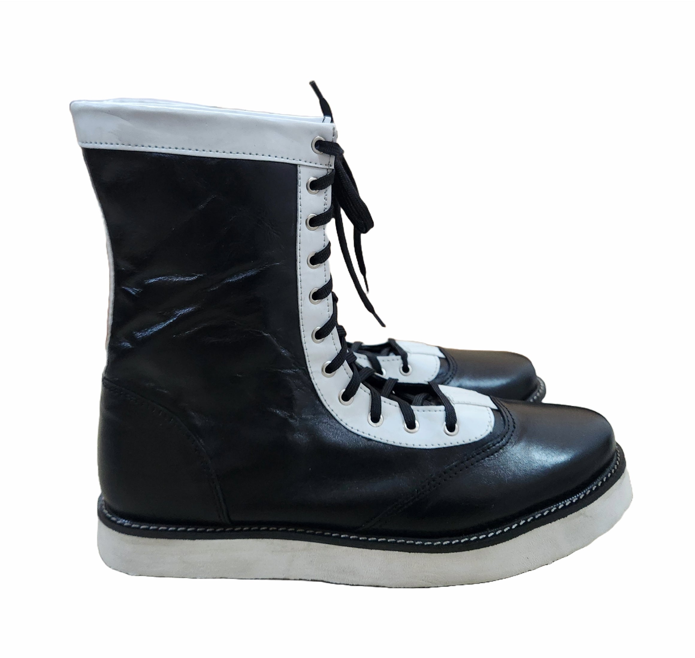 Pro Wrestling Boots, Low Cut, 100% Original leather, Handmade,  Black with white trim