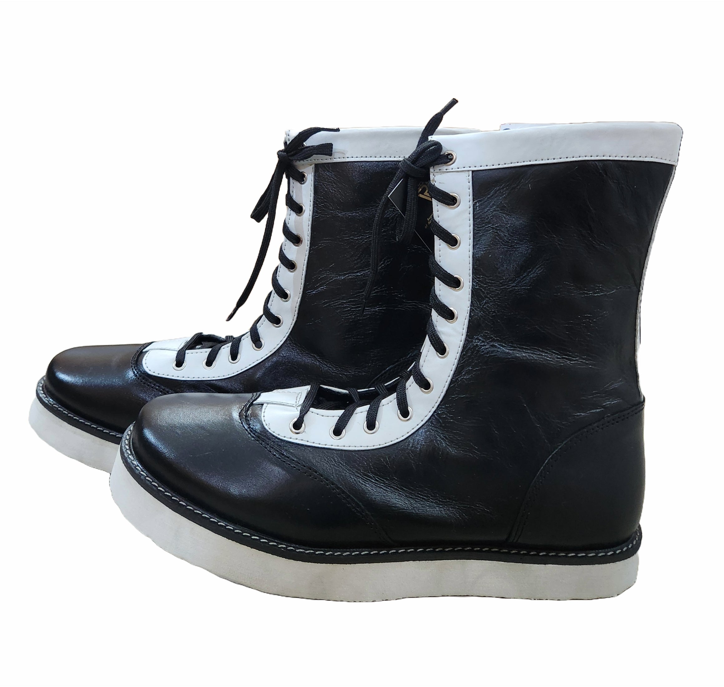 Pro Wrestling Boots, Low Cut, 100% Original leather, Handmade,  Black with white trim