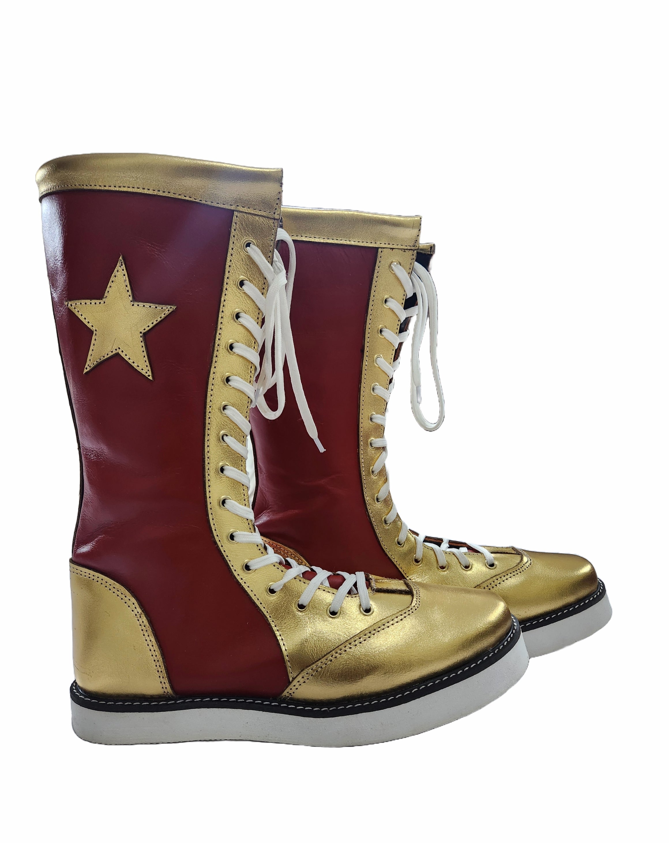 Stoeister-stewels, handgemaak, 100% suiwer leer, maroen en goudkleurig