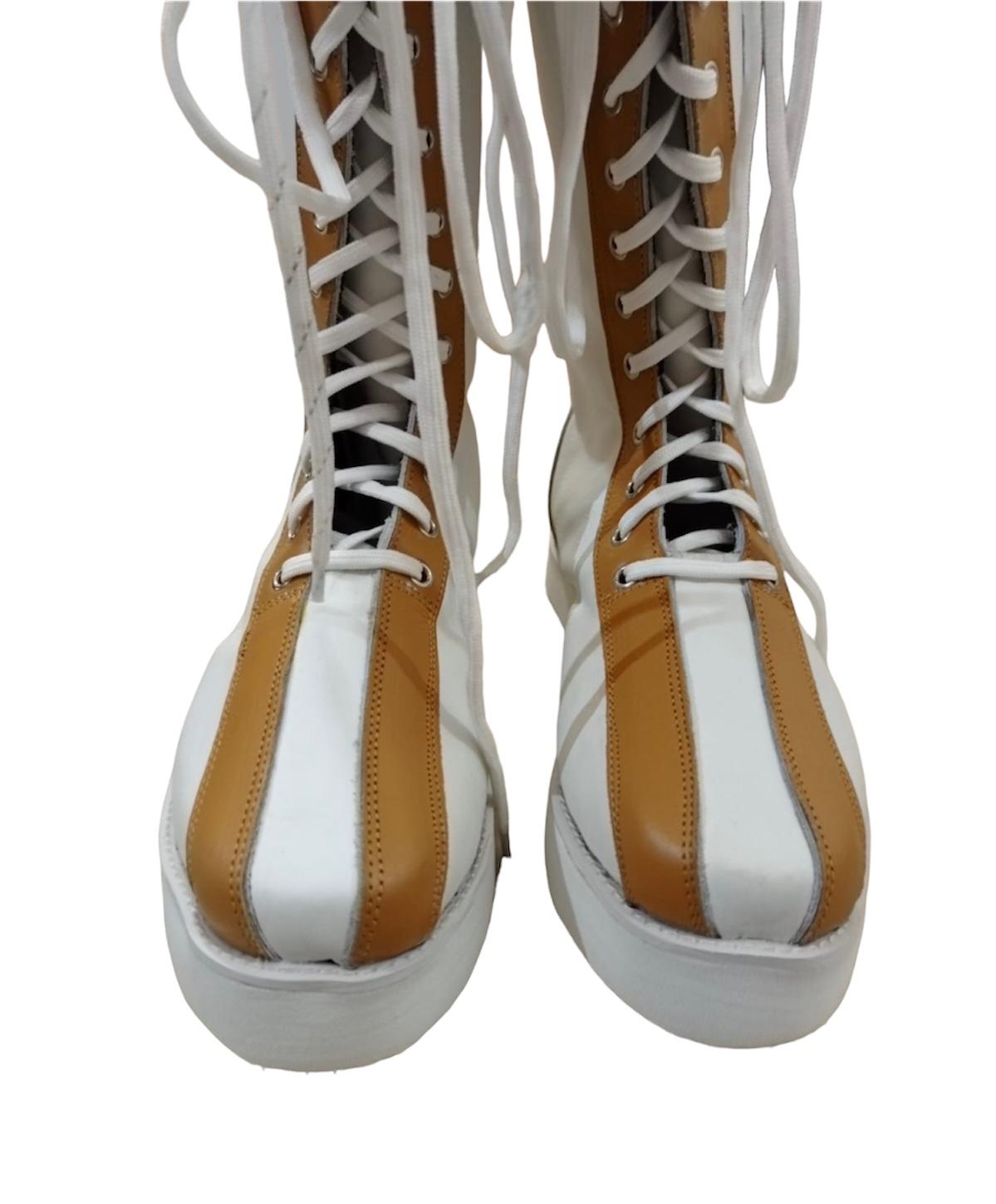 Professionele Stoeistewels, Handgemaak, 100% oorspronklike Leer, Wit Kleur met Bruin Punte, Vetersluitingstyl, Aanpasbaar, Lucha Libre Stewels