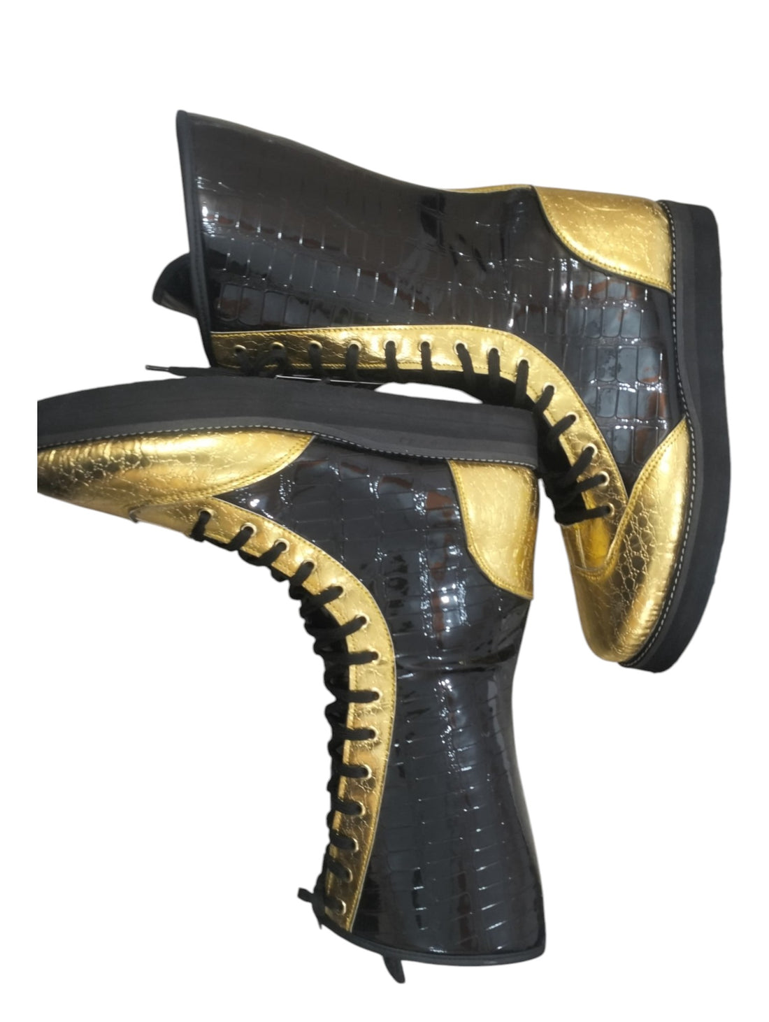 Professionele Stoeistewels, Handgemaak, DX Leer, Goud en swart Crocs-patroon, Aanpasbare kleure