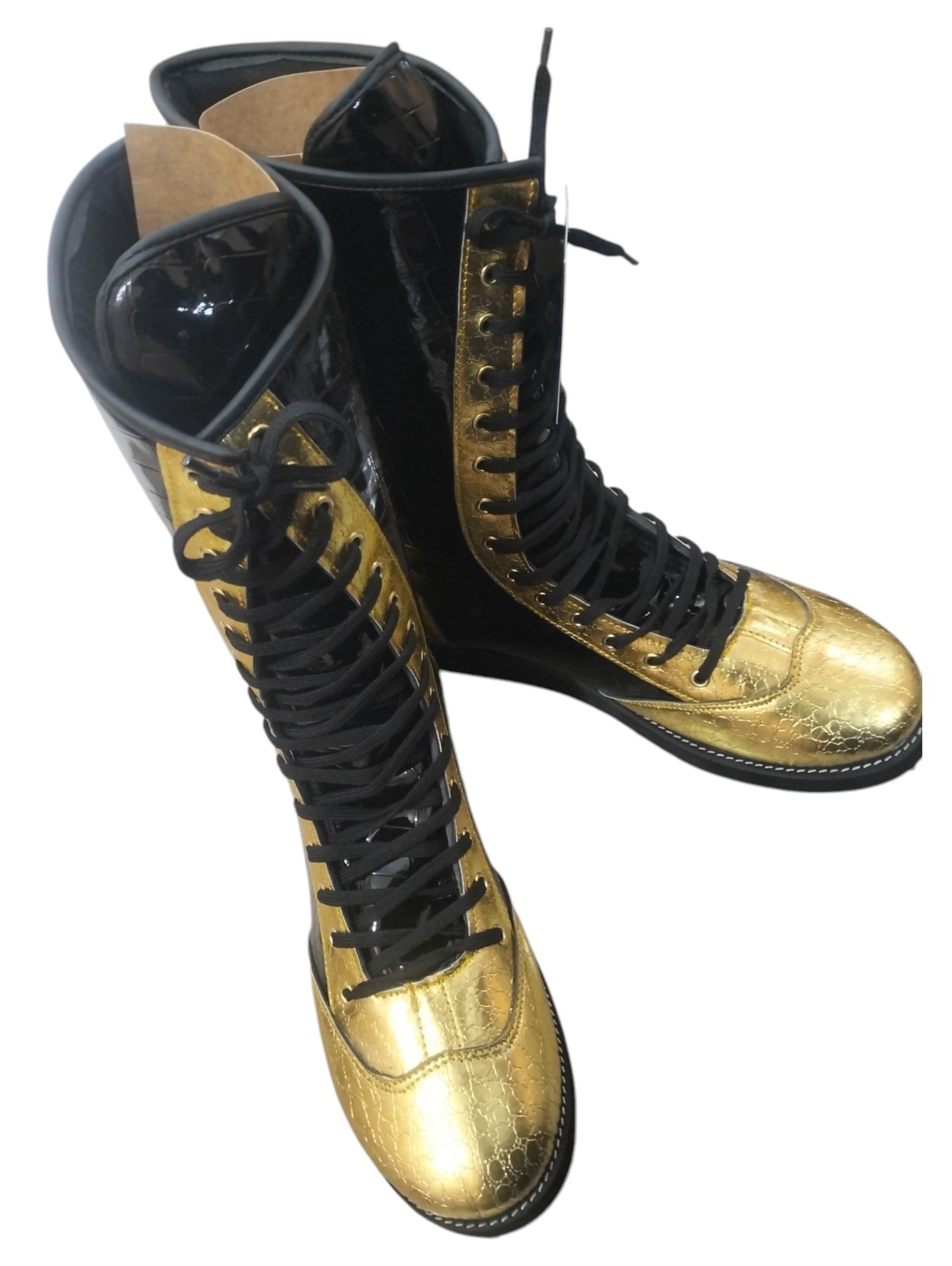 Professionele Stoeistewels, Handgemaak, DX Leer, Goud en swart Crocs-patroon, Aanpasbare kleure