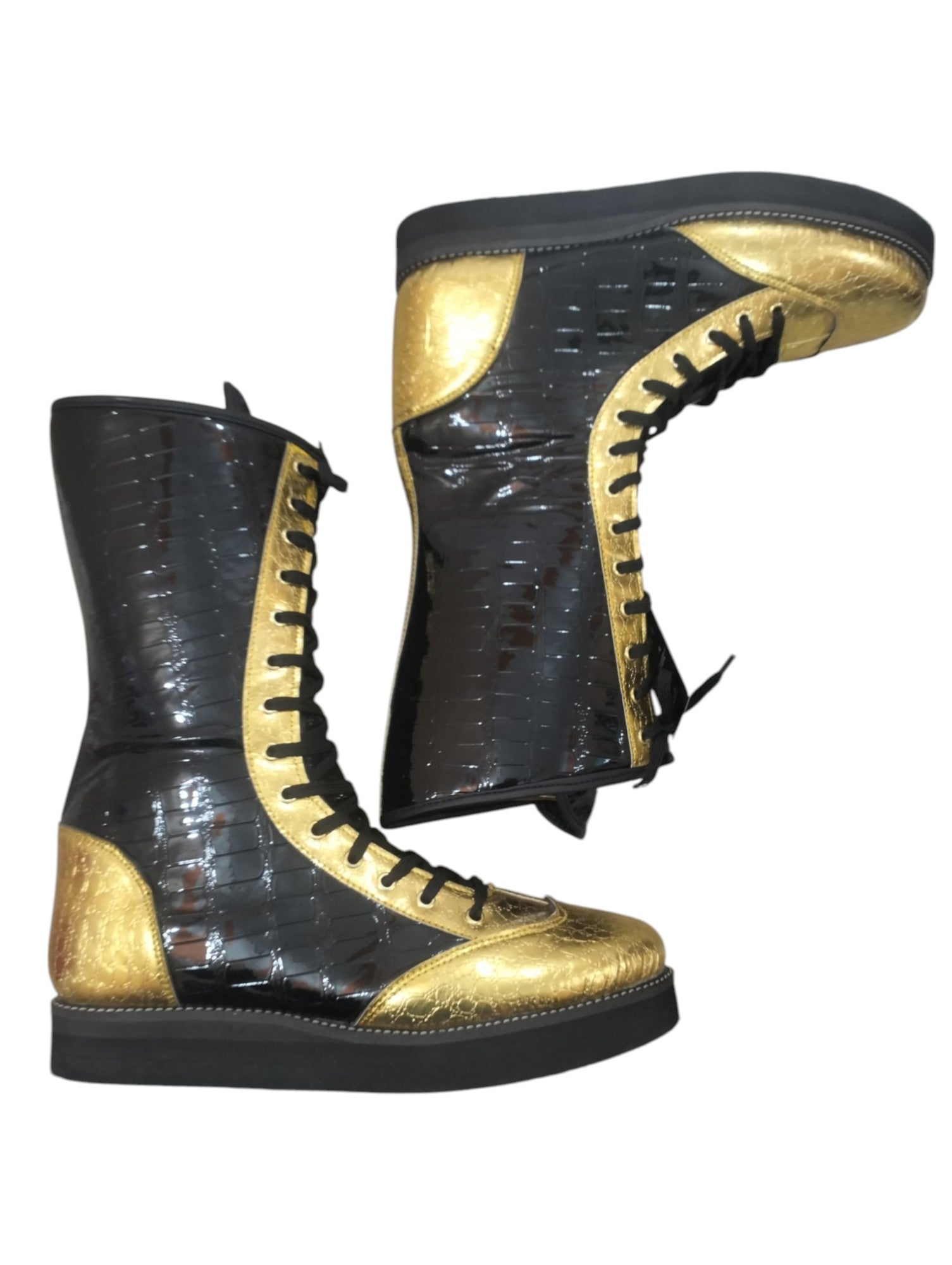 Professionele Stoeistewels, Handgemaak, DX Leer, Goud en swart Crocs-patroon, Aanpasbare kleure