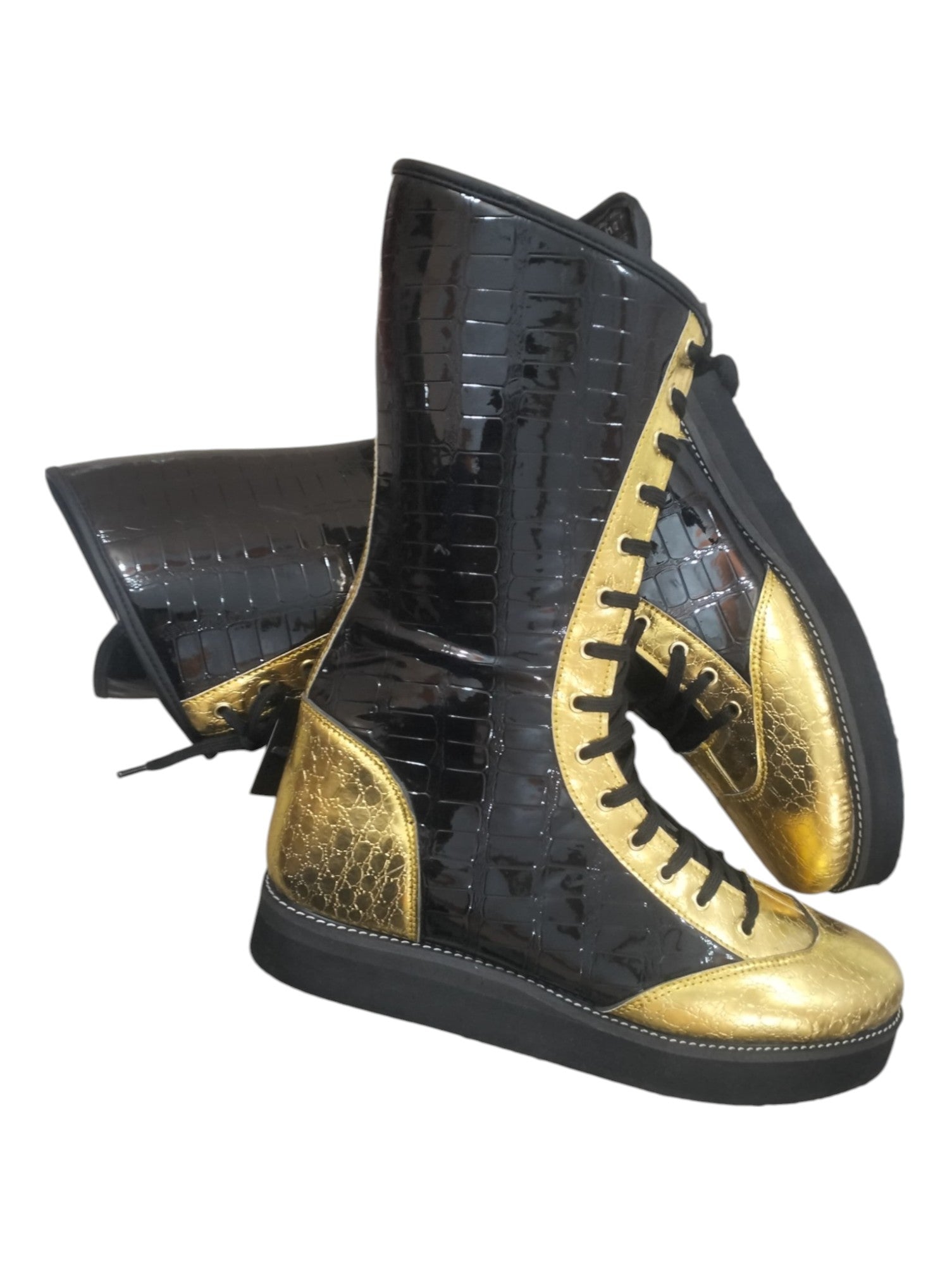 Professionele Stoeistewels, Handgemaak, DX Leer, Goud en swart Crocs-patroon, Aanpasbare kleure