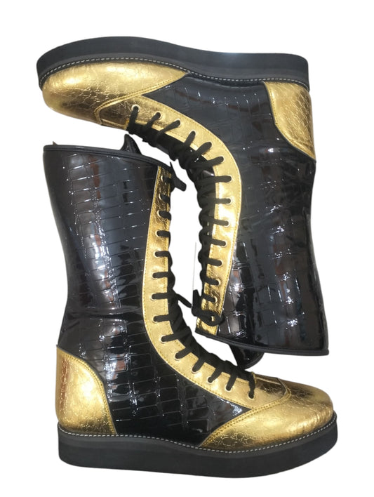 Pro Wrestling Boots, Handmade, DX Leather, Gold and black Crocs Pattern, Customizable colors