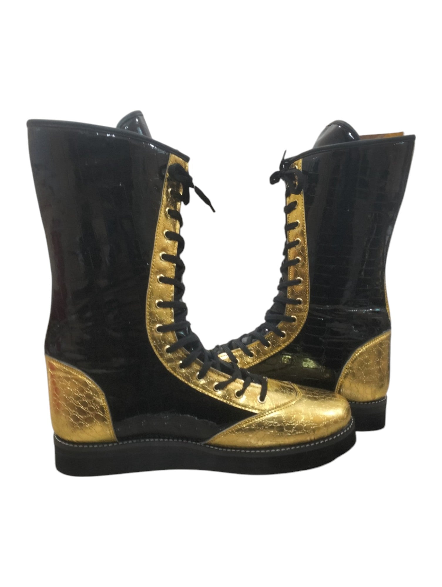 Professionele Stoeistewels, Handgemaak, DX Leer, Goud en swart Crocs-patroon, Aanpasbare kleure