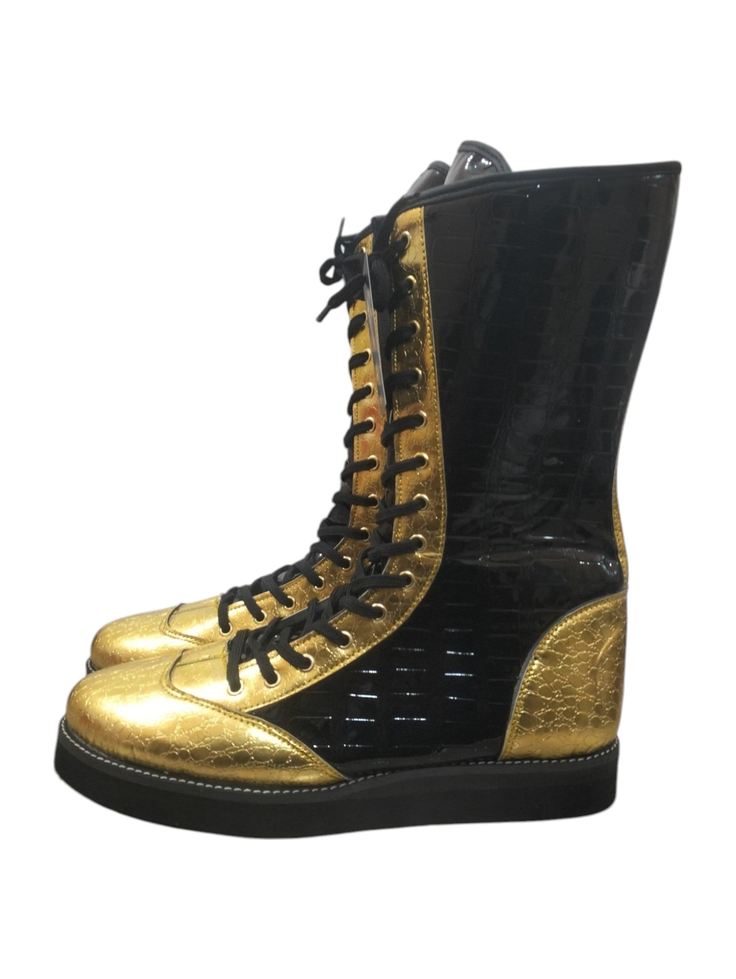 Professionele Stoeistewels, Handgemaak, DX Leer, Goud en swart Crocs-patroon, Aanpasbare kleure