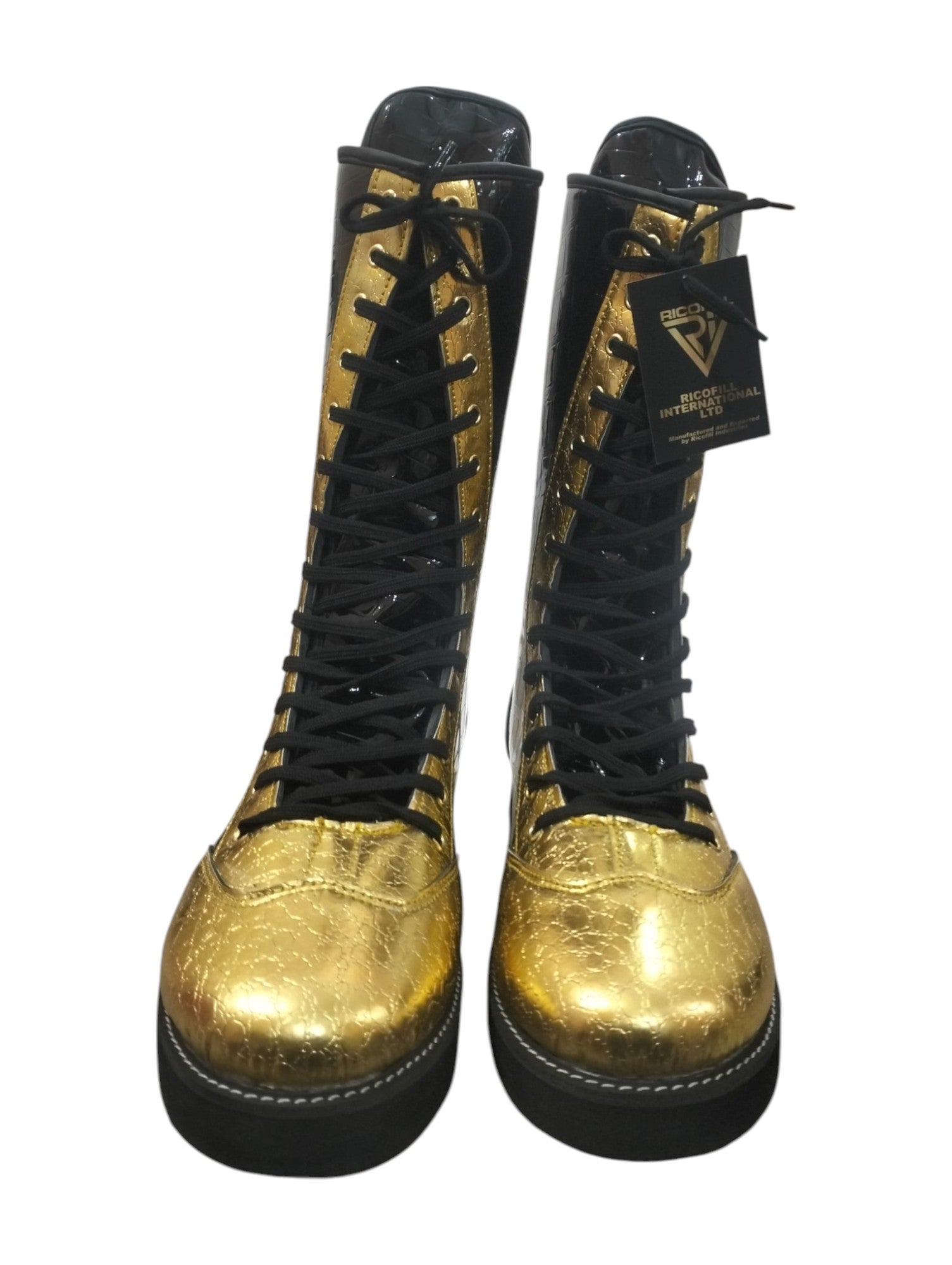 Professionele Stoeistewels, Handgemaak, DX Leer, Goud en swart Crocs-patroon, Aanpasbare kleure