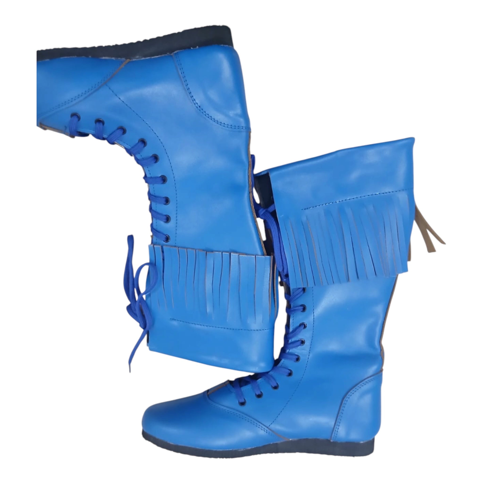 Wrestling Boots with Leather Fringes , Handmade, 100% Original Leather, Blue Color