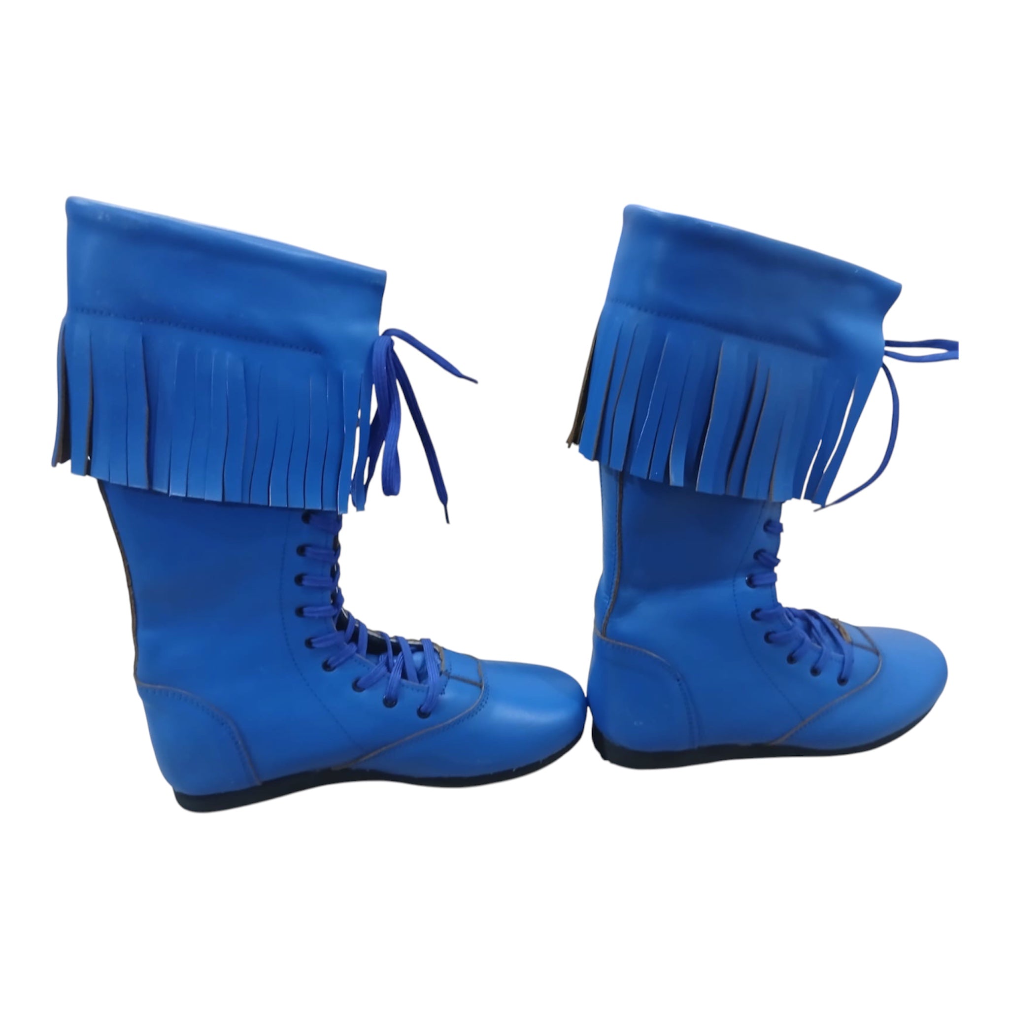 Wrestling Boots with Leather Fringes , Handmade, 100% Original Leather, Blue Color