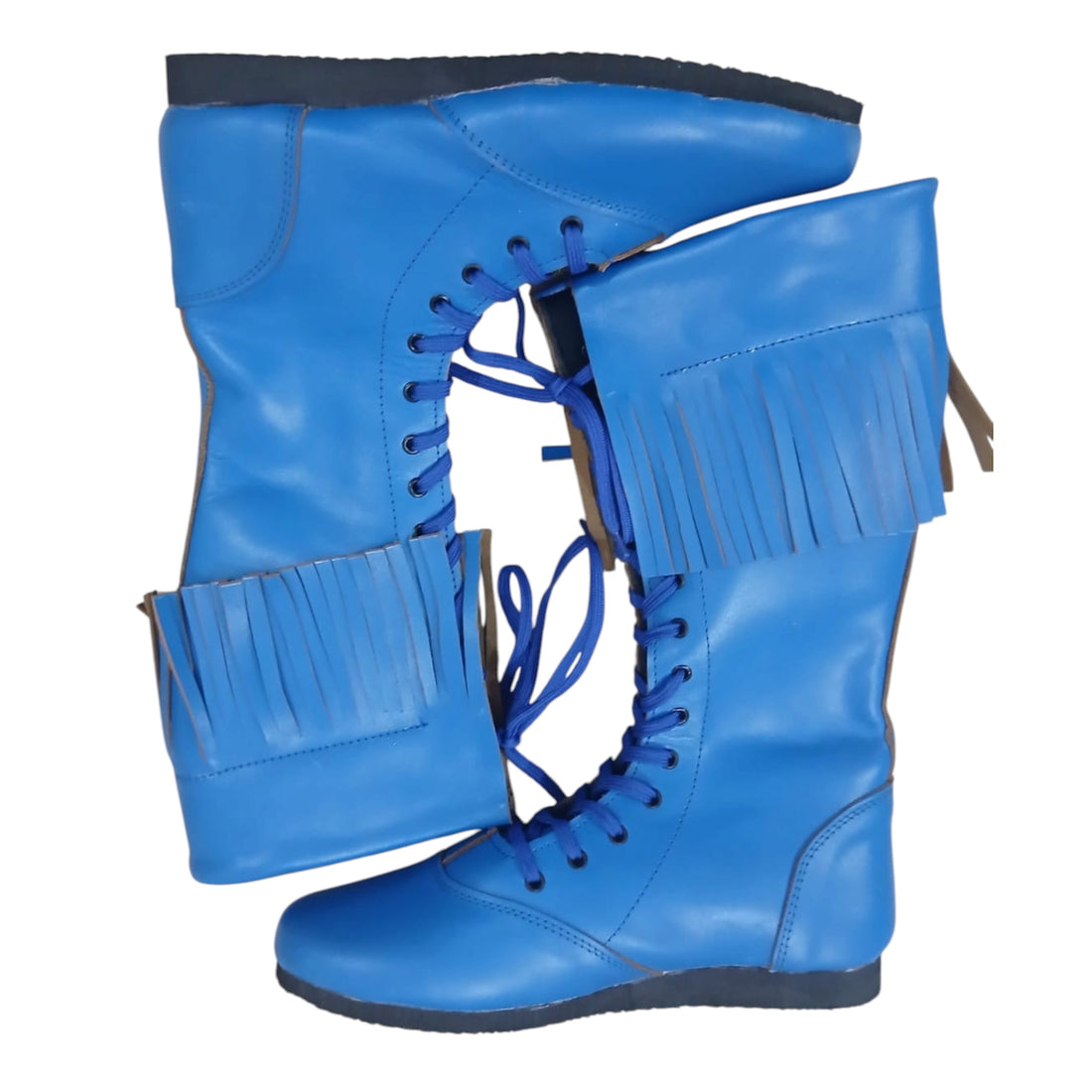 Wrestling Boots with Leather Fringes , Handmade, 100% Original Leather, Blue Color