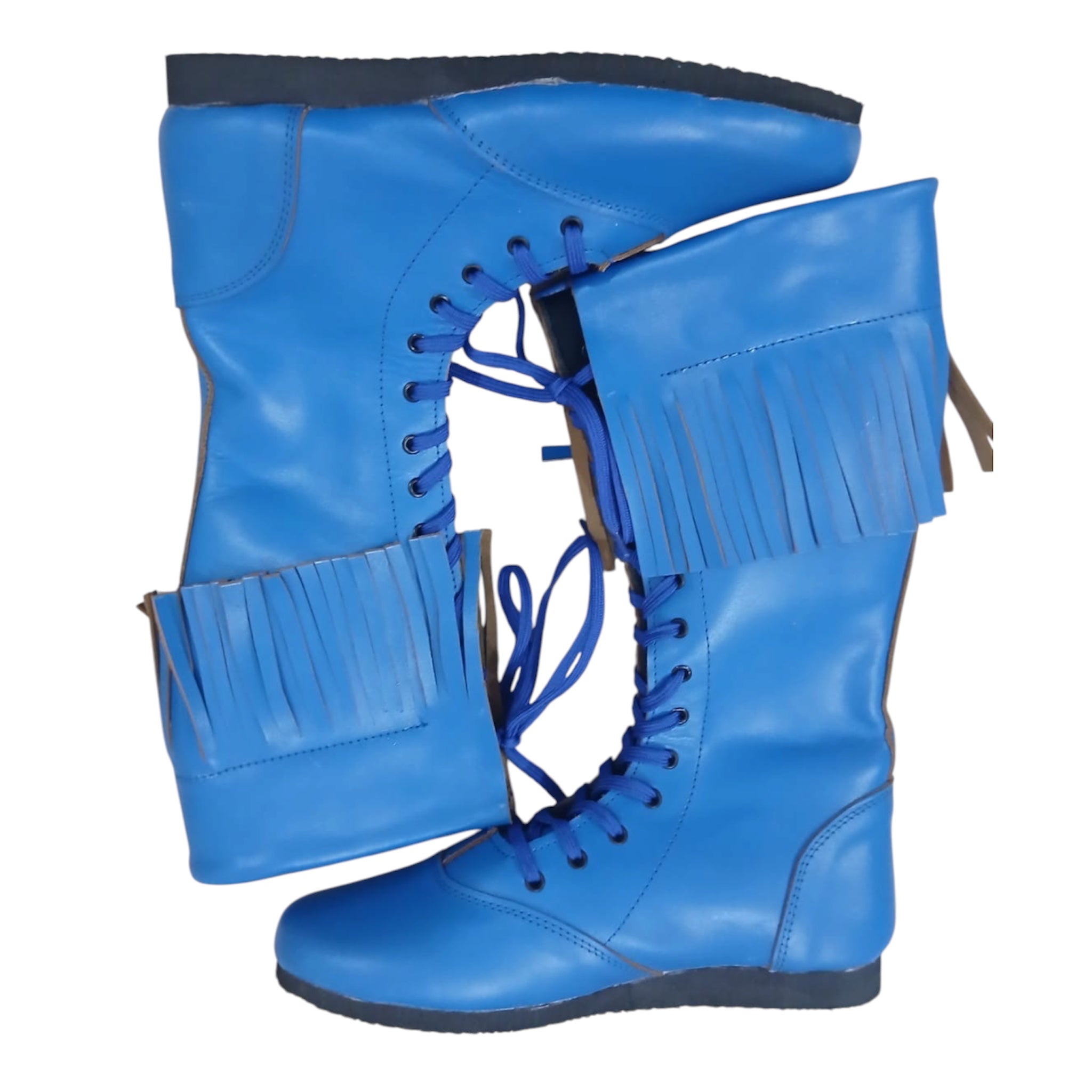 Wrestling Boots with Leather Fringes , Handmade, 100% Original Leather, Blue Color