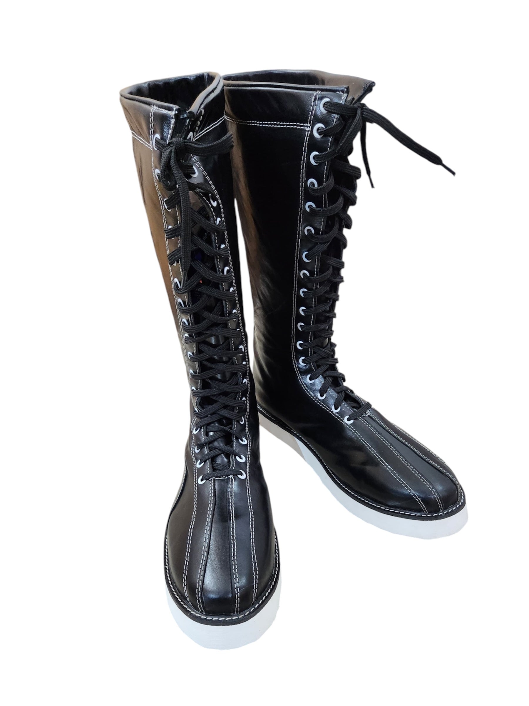 Handgemaakte Pro Stoeistewels – Swart Leer, Wit Steekwerk, Veters en Soolkontras, 100% Egte Leer