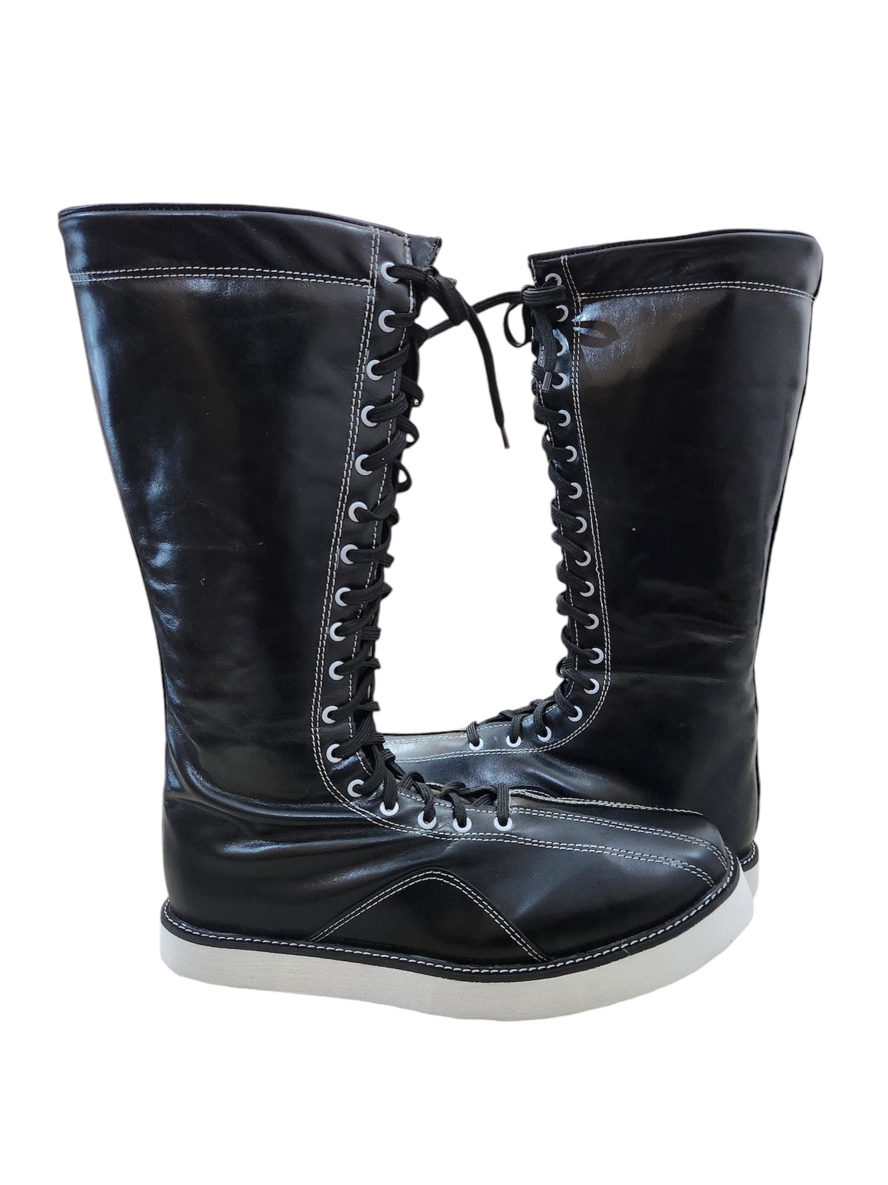 Handgemaakte Pro Stoeistewels – Swart Leer, Wit Steekwerk, Veters en Soolkontras, 100% Egte Leer