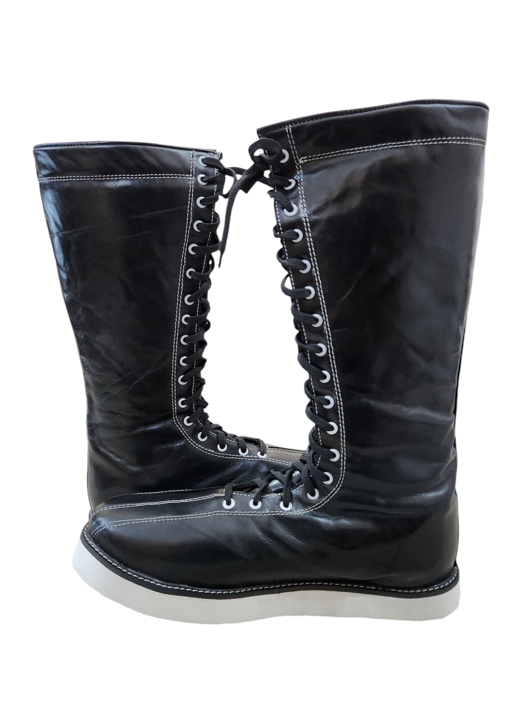 Handgemaakte Pro Stoeistewels – Swart Leer, Wit Steekwerk, Veters en Soolkontras, 100% Egte Leer