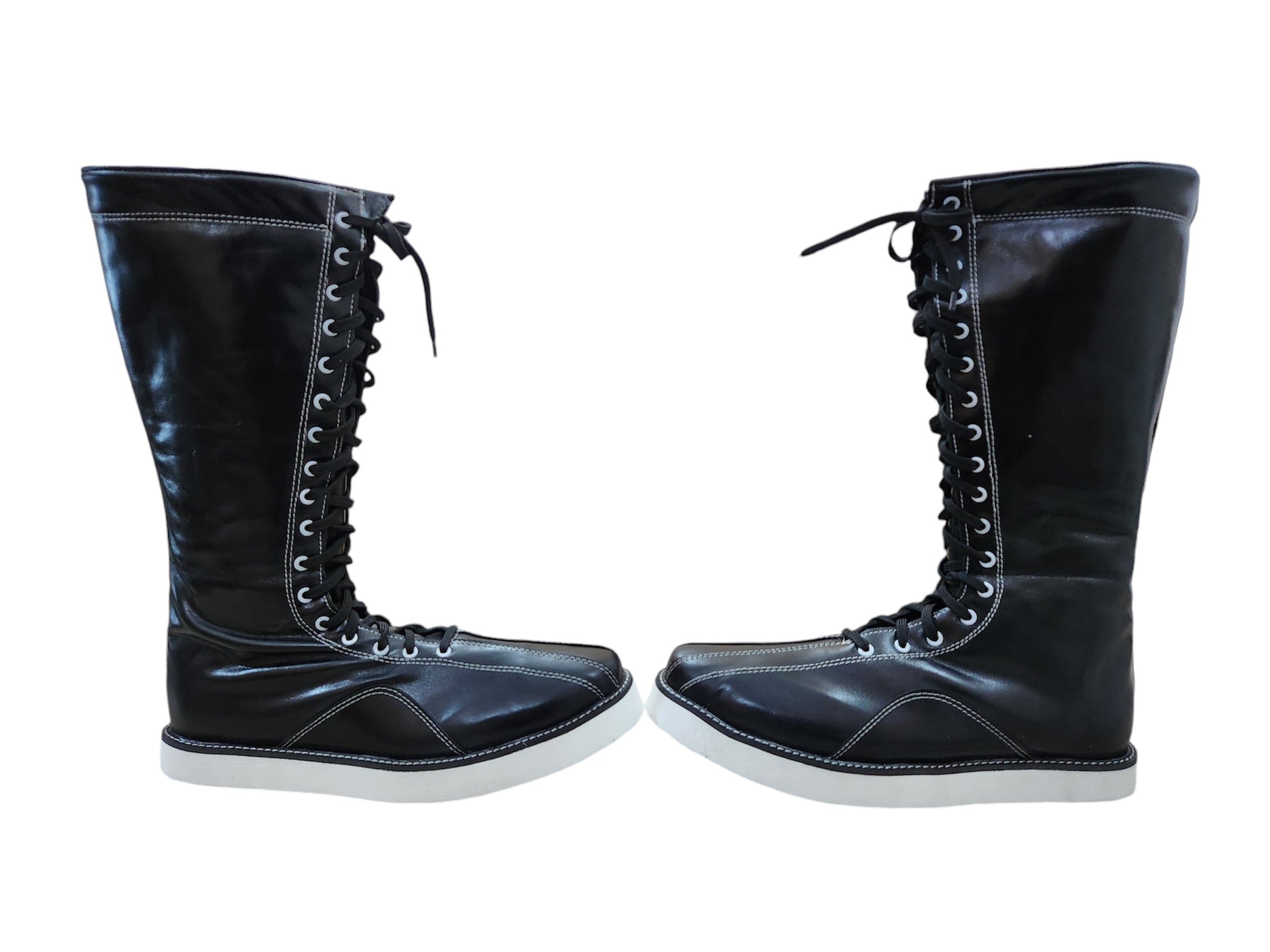 Handgemaakte Pro Stoeistewels – Swart Leer, Wit Steekwerk, Veters en Soolkontras, 100% Egte Leer