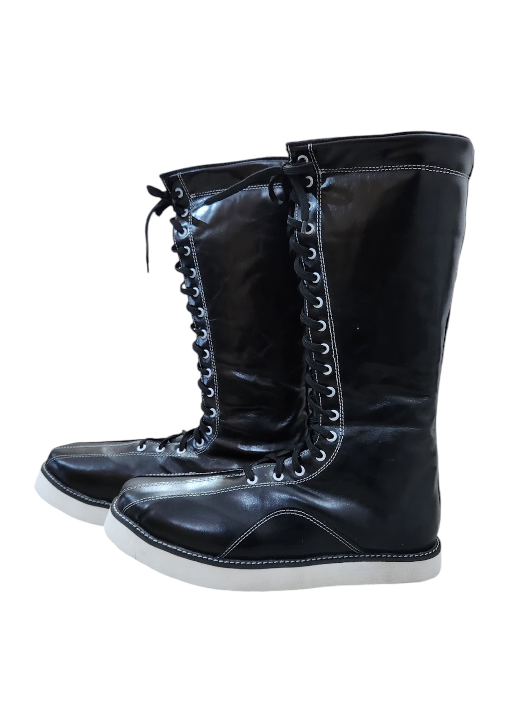 Handgemaakte Pro Stoeistewels – Swart Leer, Wit Steekwerk, Veters en Soolkontras, 100% Egte Leer