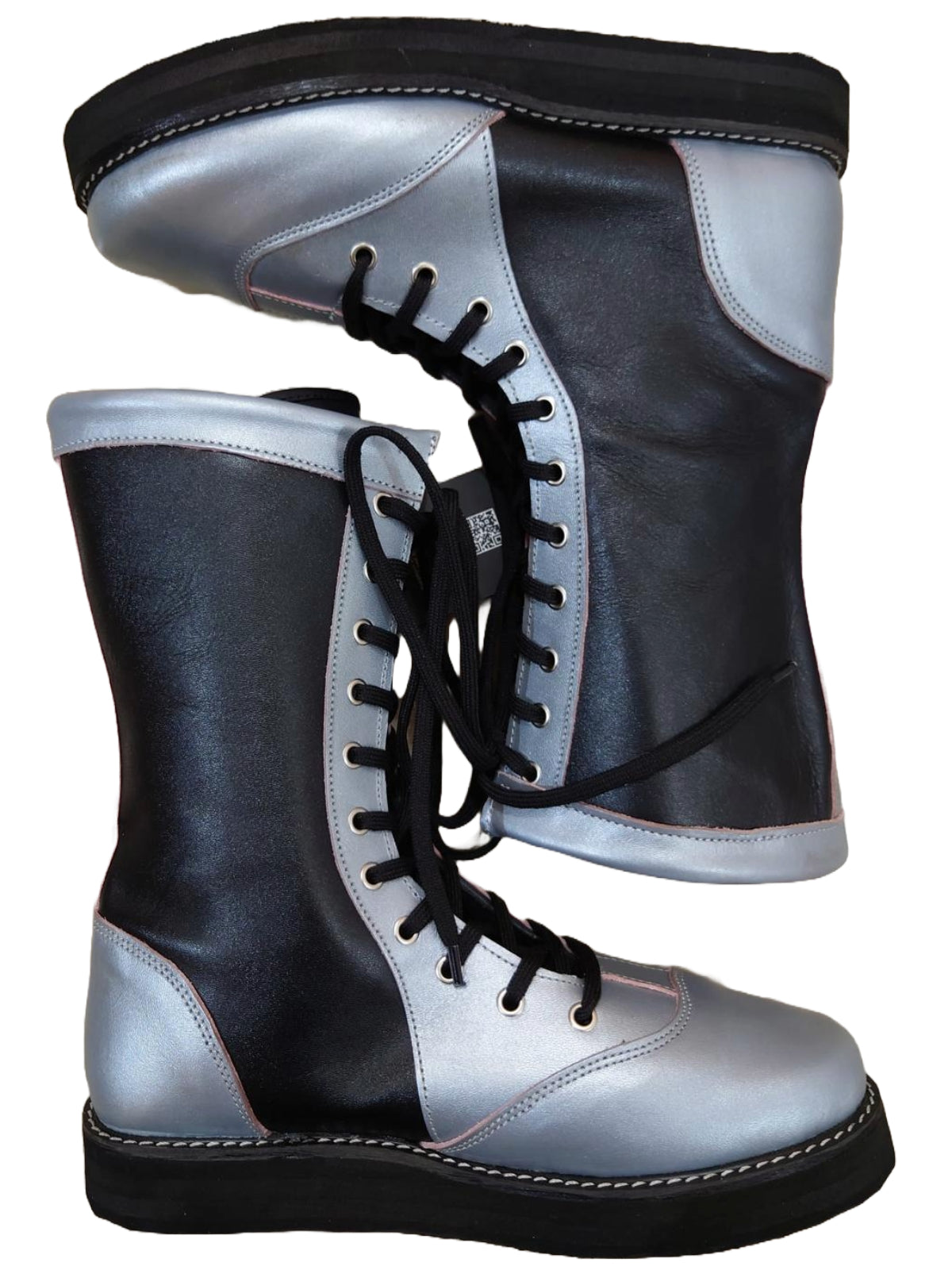 Stoeistewels, Handgemaak, 100% Oorspronklike Leer, Swart en Silwer Kleur, Aanpasbaar, Vetersluitingstyl