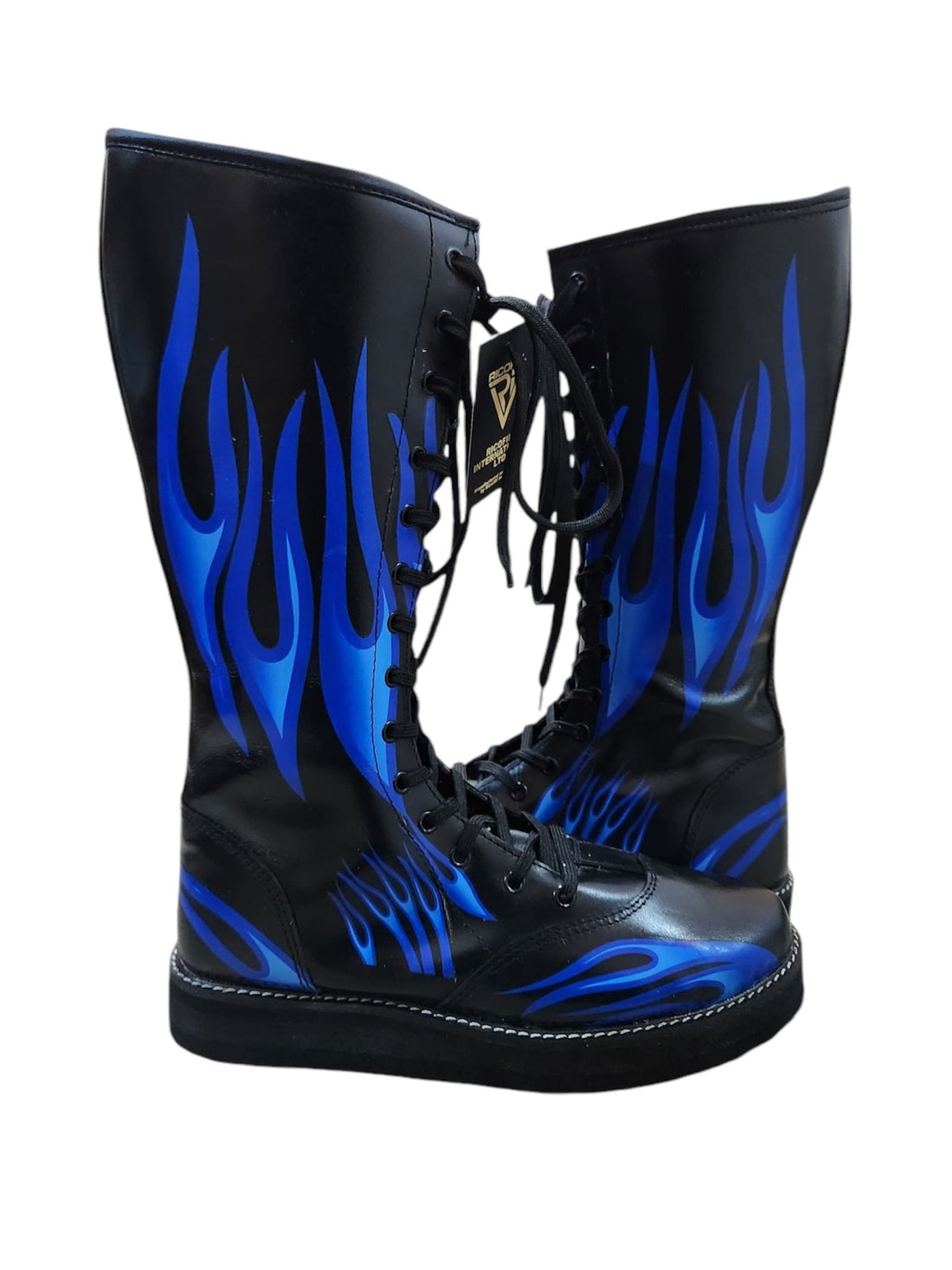 Pro Wrestling Boots, Handmade, 100% Pure Leather, Blue Fire Flames Design, Customizable