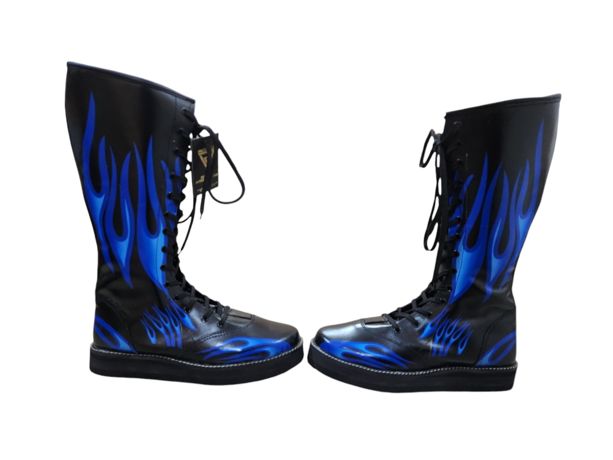 Pro Wrestling Boots, Handmade, 100% Pure Leather, Blue Fire Flames Design, Customizable