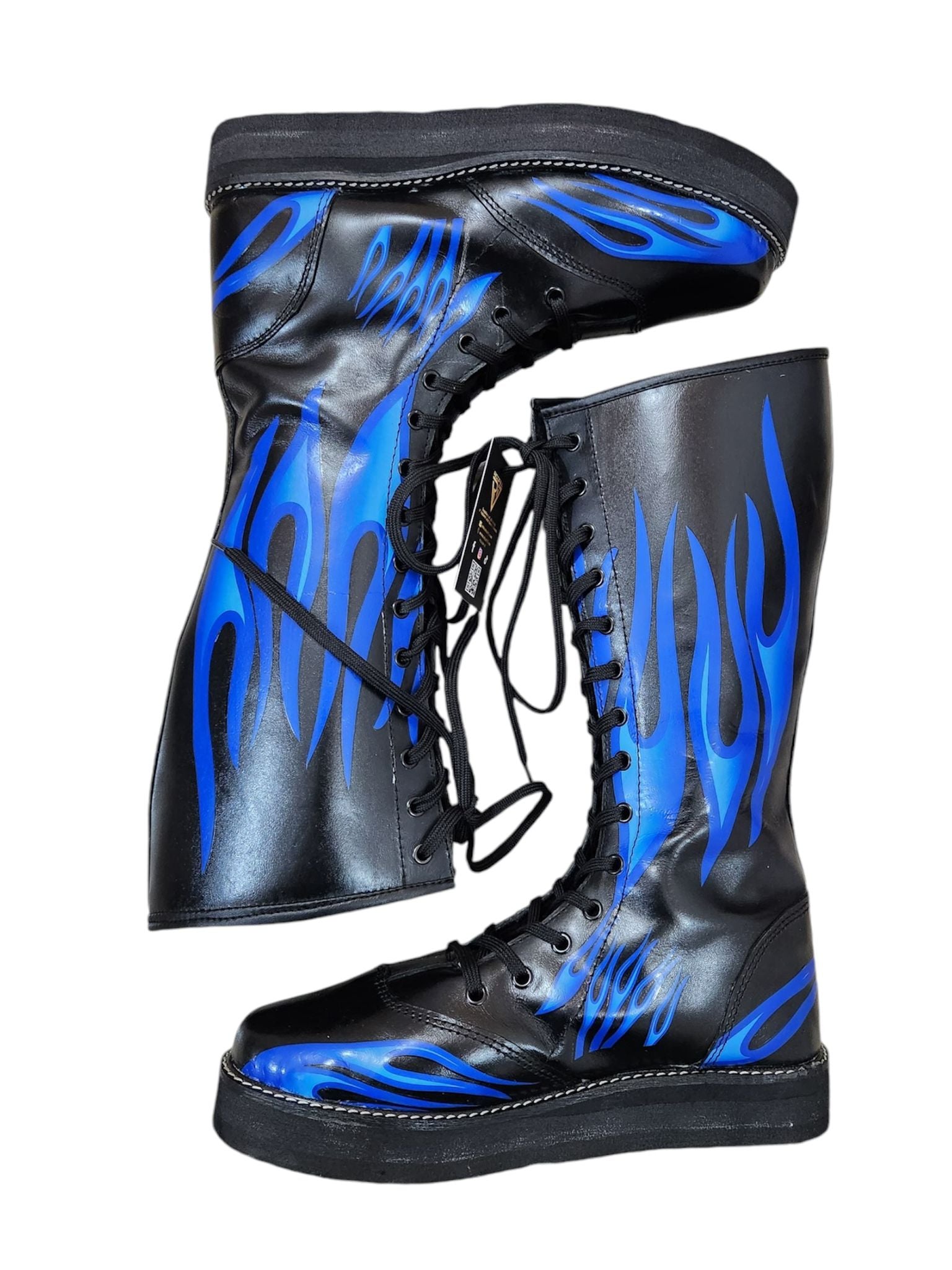 Pro Wrestling Boots, Handmade, 100% Pure Leather, Blue Fire Flames Design, Customizable