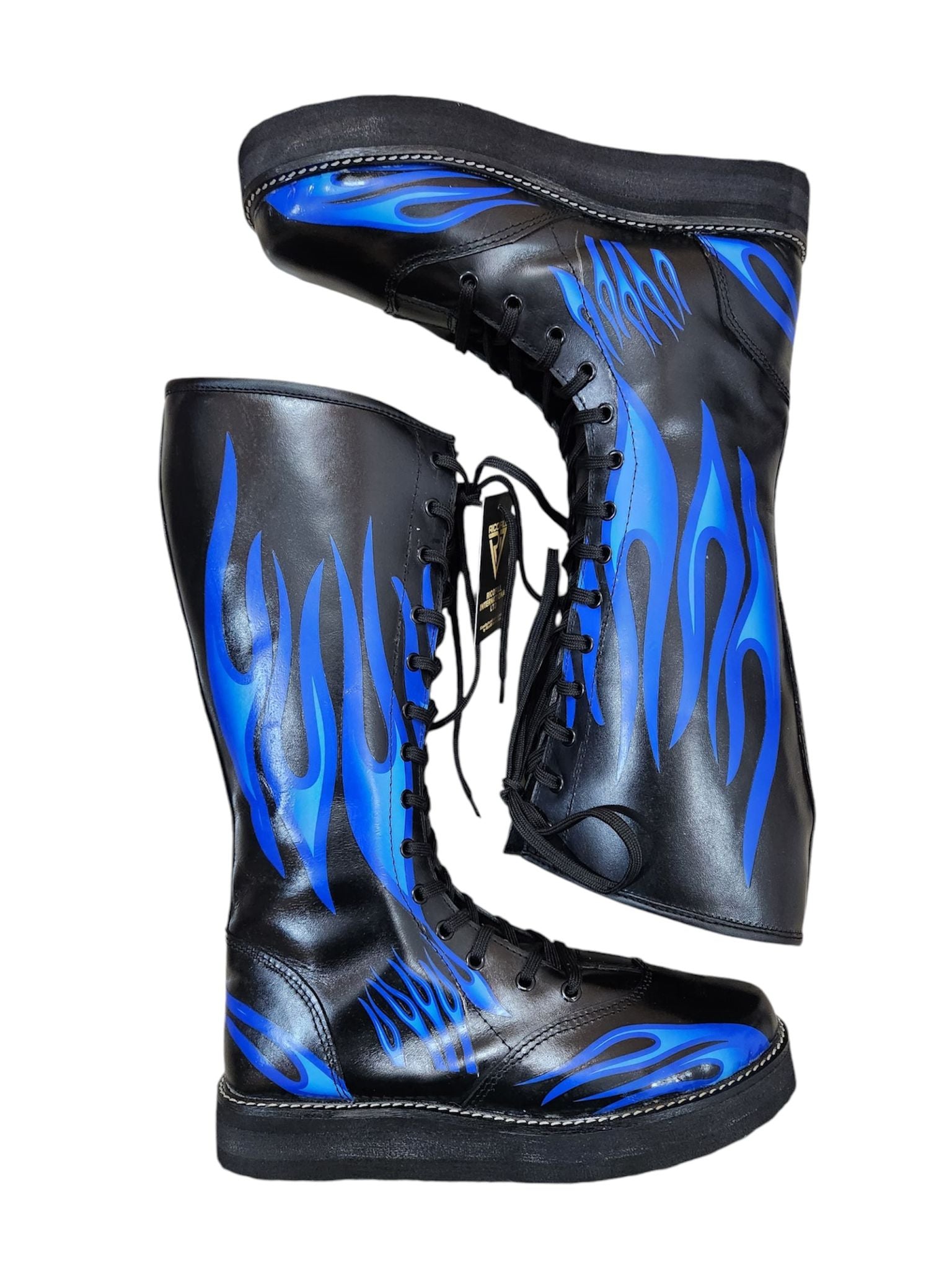 Pro Wrestling Boots, Handmade, 100% Pure Leather, Blue Fire Flames Design, Customizable